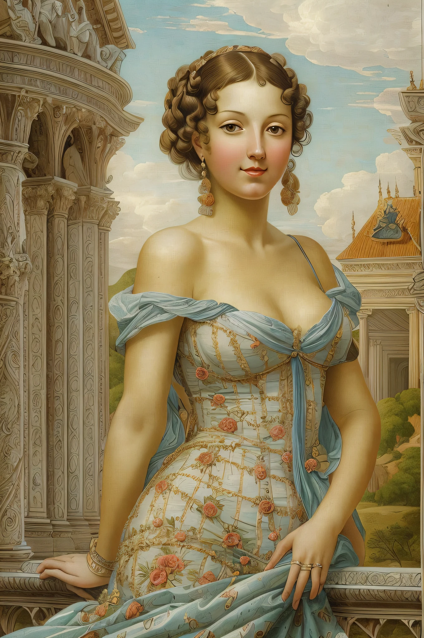 [beste-Qualit, tmasterpiece, extra high resolution, photo-realistic, in the style of pin-up, 1girl, off-shoulder, ssmile:20]Background, intricate Renaissance landscape, higly detailed