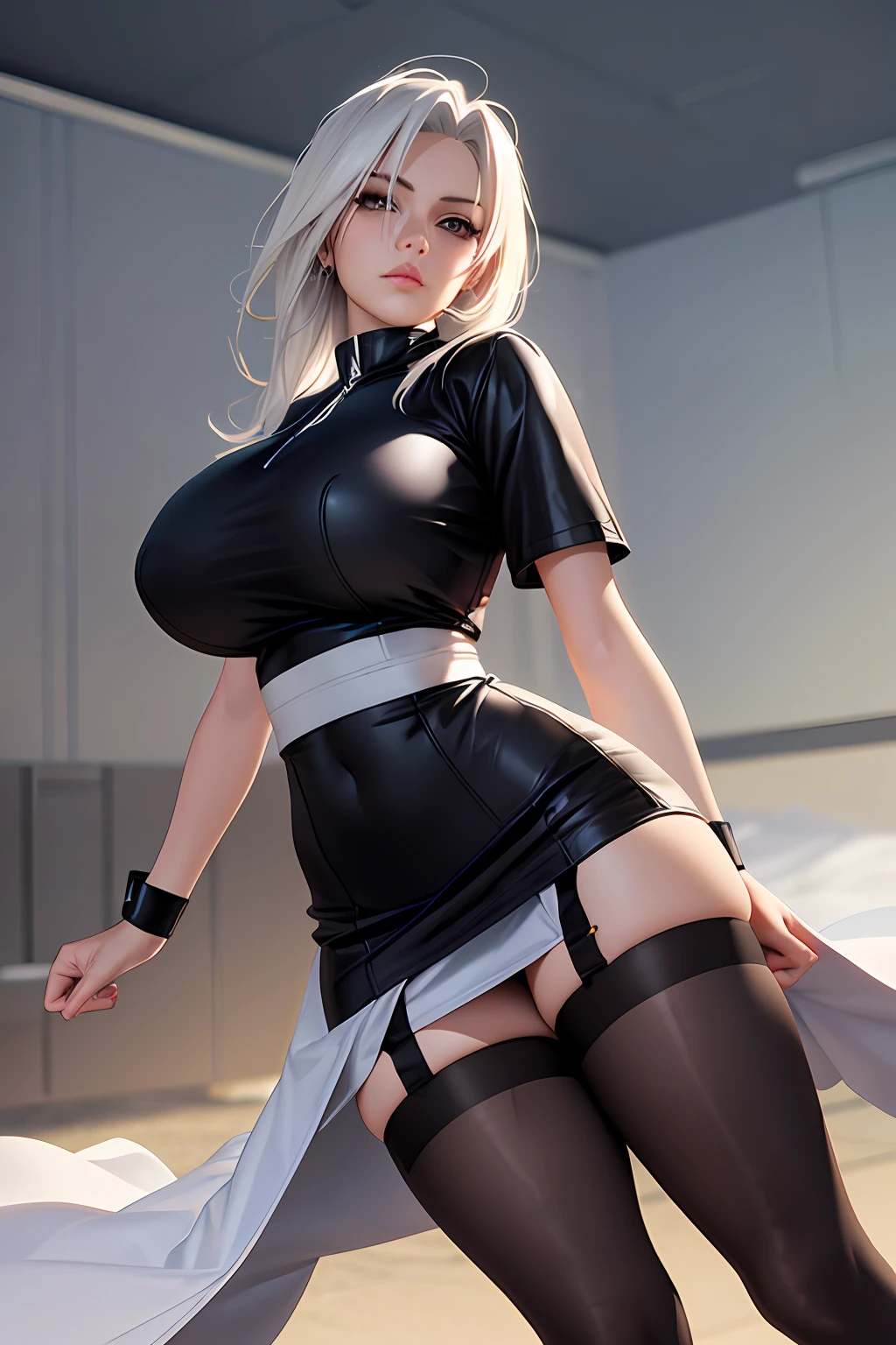 Hokage Tsunade,black lence stockings,Smooth anime CG art, anime styled 3d, Girl with white hair, photorealistic anime girl rendering,huge tit,Tights with short sleeves,Short white dress,stocklings,Hokage's clothes,largeeyes,Large eyelashes.Leg lift styling,goth style