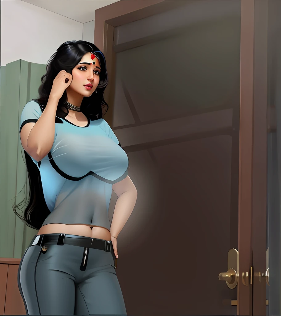 Make it real, realistic, savita bhabhi, deep navel, curvy body, black messy hair