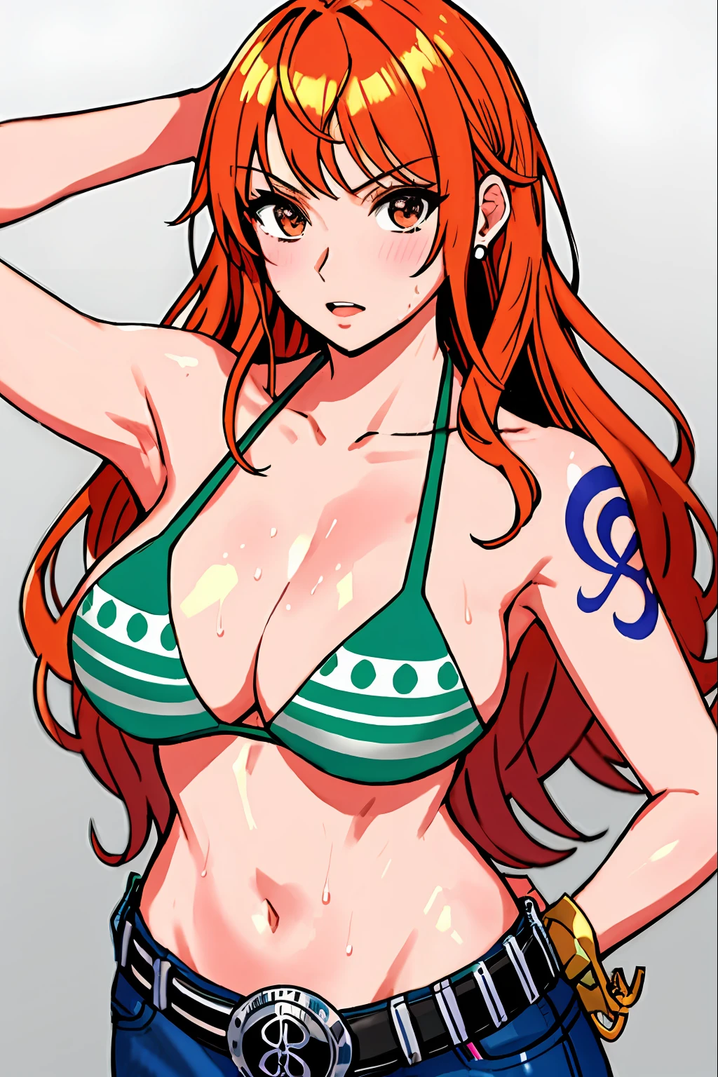 detailed background, wrestling stage, masterpiece, 4k, arms on ring robes, epic, best quality, late youth, adult, wrestler body, strong, 1girl, active, energic, (large mouth) , solo, nami \(one piece\), 1girl, bangle, (very wet, drenched in sweat, sweat all over body, very wet hair, tired, open mouth, exhausted, shouting, sweaty face, sweaty body, sweating too much, shiny sweat, leaning, hands on hips, serious, glaring, open eyes, perfect detailed face, round face, sweat on face) bold drawing lines, muscular arms, detailed bold arm lines, flat jaw, adult woman, wavy wide streaked bangs, floating bang, (big cheeks), bare shoulders, belt, bikini, bikini top only, bracelet, springy breasts, breast lines, big round eyes, very big brown shiny eyes, high eye position, cleavage, denim, earrings, floating hair, shiny hair, green belt, green bikini, bold groin lines, jeans, jewelry, medium breasts, log pose, long hair, looking at viewer, big navel, wet hair, orange hair, pants, shoulder tattoo, sidelocks, solo, standing, stomach, swimsuit, tattoo , looking at viewer, open mouth, detailed left arm, big forehead, hourglass figure, small head, toned body, wide hair, wind effect, narrow small ears angle, older, random poses,