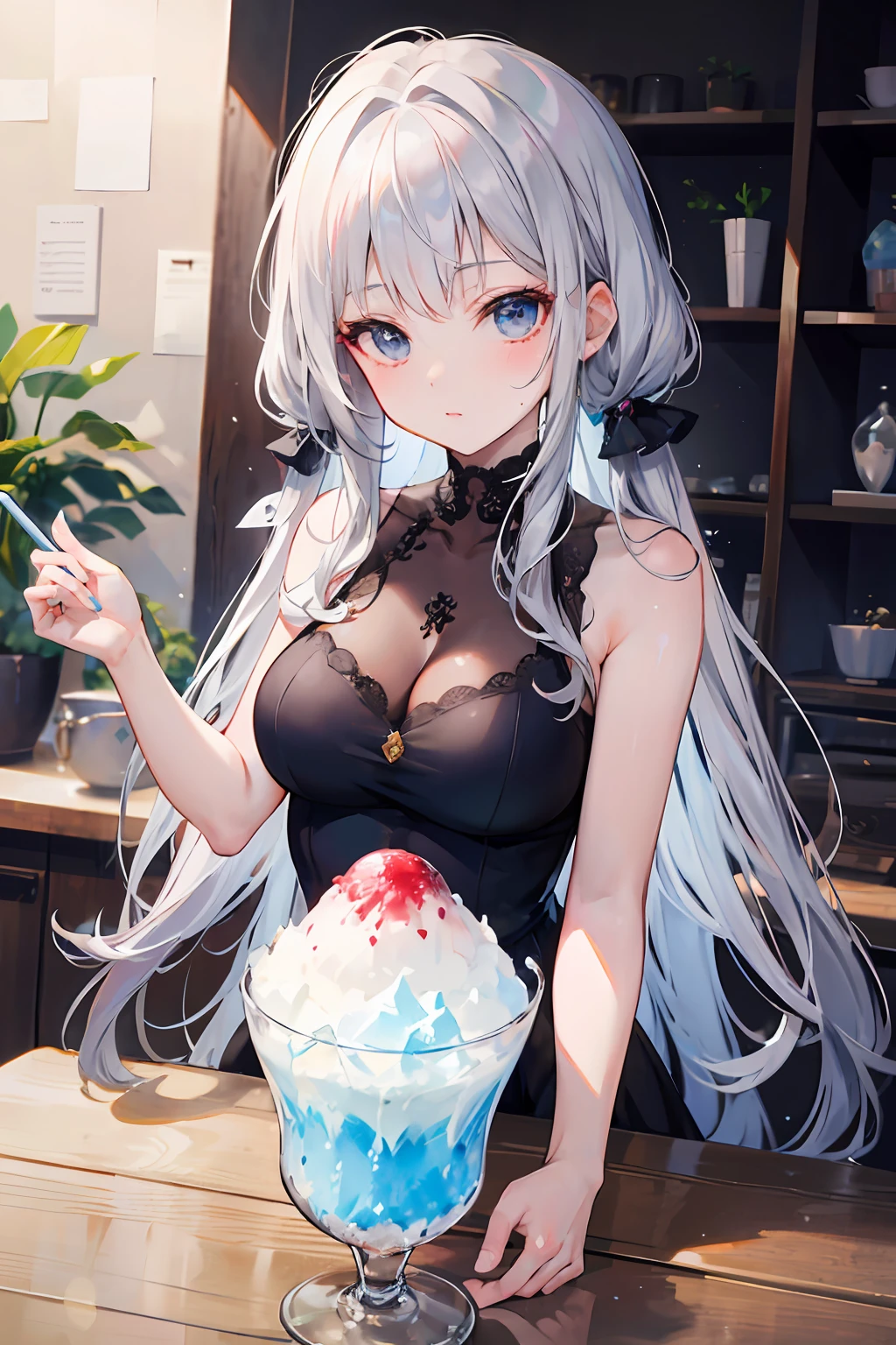 Pure shaved ice without cream, Amazingly beautiful long silver-haired twin-tailed girl