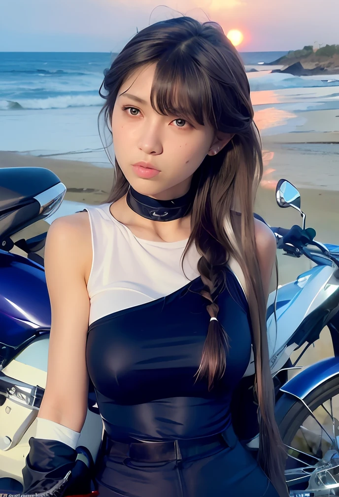 (top-quality、1girl in、intricate detailes、(Realistic lighting with shades)、huge filesize, hight resolution, elegent, realisitic, (Perfect anatomical depiction of the human body), Teenage girl stops her motorcycle and looks somewhere, serious facial expression, Girl has white blue eyes on her skin、motor cycle, (The girl has very big)、(Girl has super big)、(Girl with a thin waist)、(The girl has thin thighs)、(Girl has a baby face)、((Girl wears a smooth thin fabric t-shirt)). (Girl's t-shirt breasts are very cramped)、(Girl is wearing a white t-shirt, Light Blue Denim,hotpants, Eta、I can't see any skin except her face.)、(Girl's bodysuit spreads to the side, Crushing her big)、 (Beautiful big blue eyes), (Thin and clear double eyelid lines for the eyes), (Glossy, plump and bright tone teardrop bags under the eyes), (Light blue iris), (The iris and pupil have several highlights), (Red representation of the conjunctiva), (Long eyelashes that clearly indicate their presence), (Taut swimsuit with super big), (Skin and hair sparkling glossily in the sunset from behind), (Her hair flutters in the strong sea breeze、Glitters in the backlight of the setting sun.). ((Straddling a motorcycle、Girl staring into the distance)) , ((Full body shot of a girl, motor cycle,), Holding a black helmet in one hand, Behind Me, The sun turns bright red on the horizon., The sky draws a gradient from the deep red of the horizon to a darker purple that moves away from, A very dark scene that turned almost into night, strong contrast between light and shadow,appearance々Pose