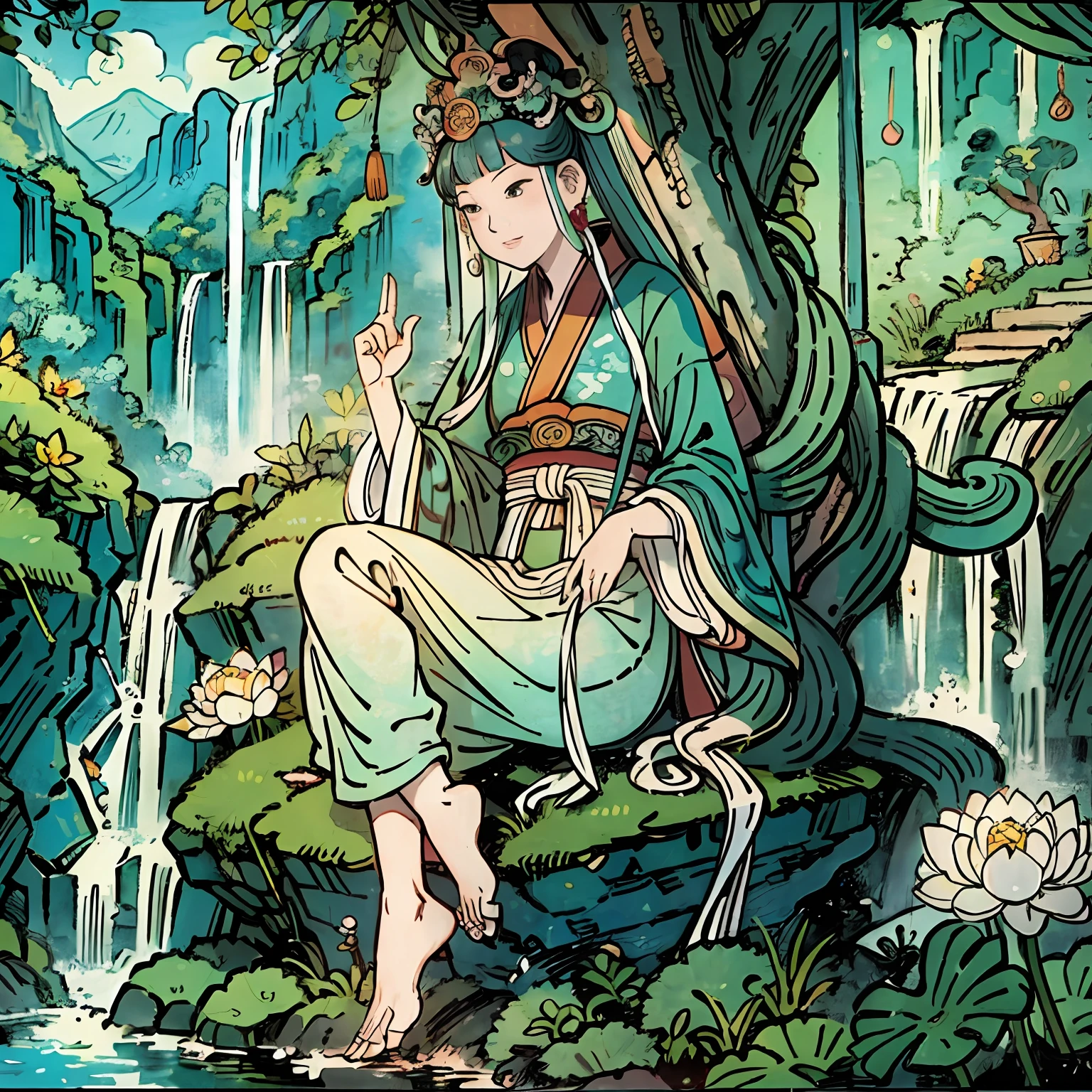 Guanyin sits on a lotus throne, Guanyin Bodhisattva, Avalokitesvara, Chinese temples scattered in the forest not far away, The waterfall pours into the lake or stream in the background, Briante mountains and small lake in the background, lotus flowers in the foreground, Clear fingers, Clear and distinctive toes, Clear and vivid facial features,jewelry, leafs,Oriental Dragon，a tiger