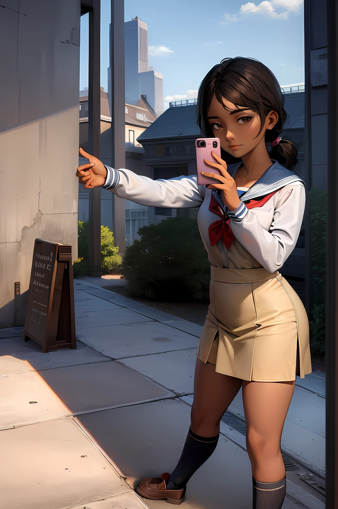 ((masterpiece, best quality)), solo ,1girl, clementine, dark skin,  school uniform, long hair, taking a selfie