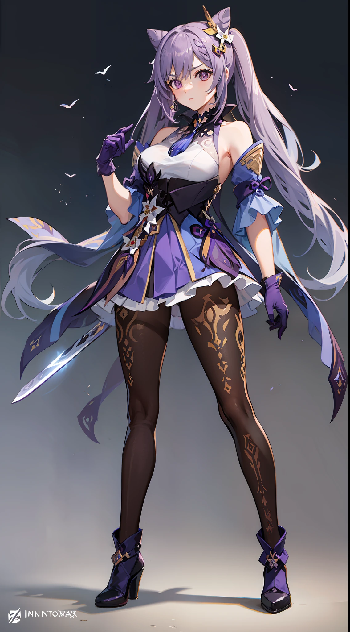 Gorgeous Hair in Long Purple,Sexy tights,Purple gloves,black pantyhoses,boots,With a sword,tmasterpiece,full bodyesbian
