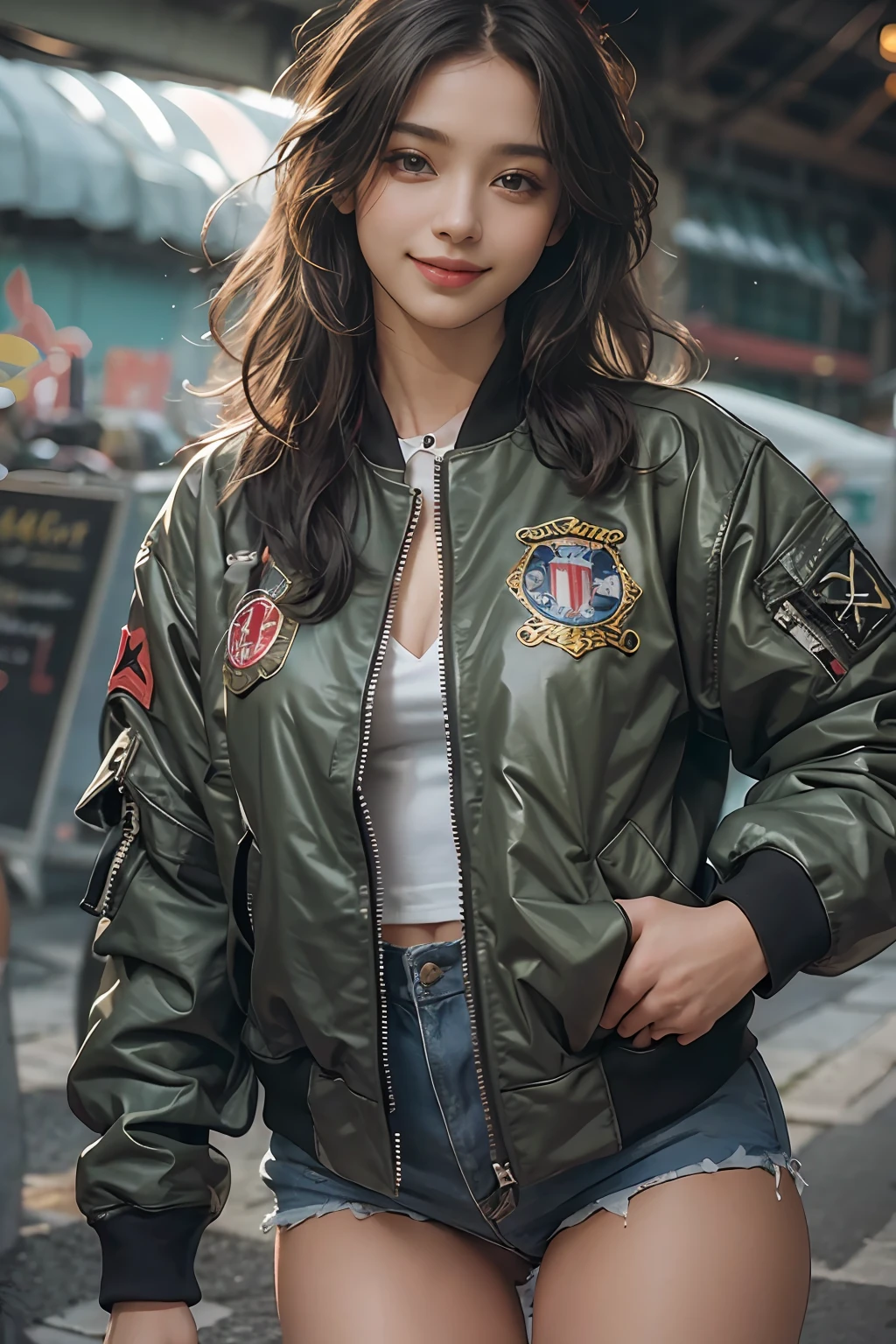 (masterpiece), (best quality), realistic, photorealism, 1girl, beautiful girl, perfect face, perfect body, sexy, wearing air bomber jacket, no bra, braless, smile