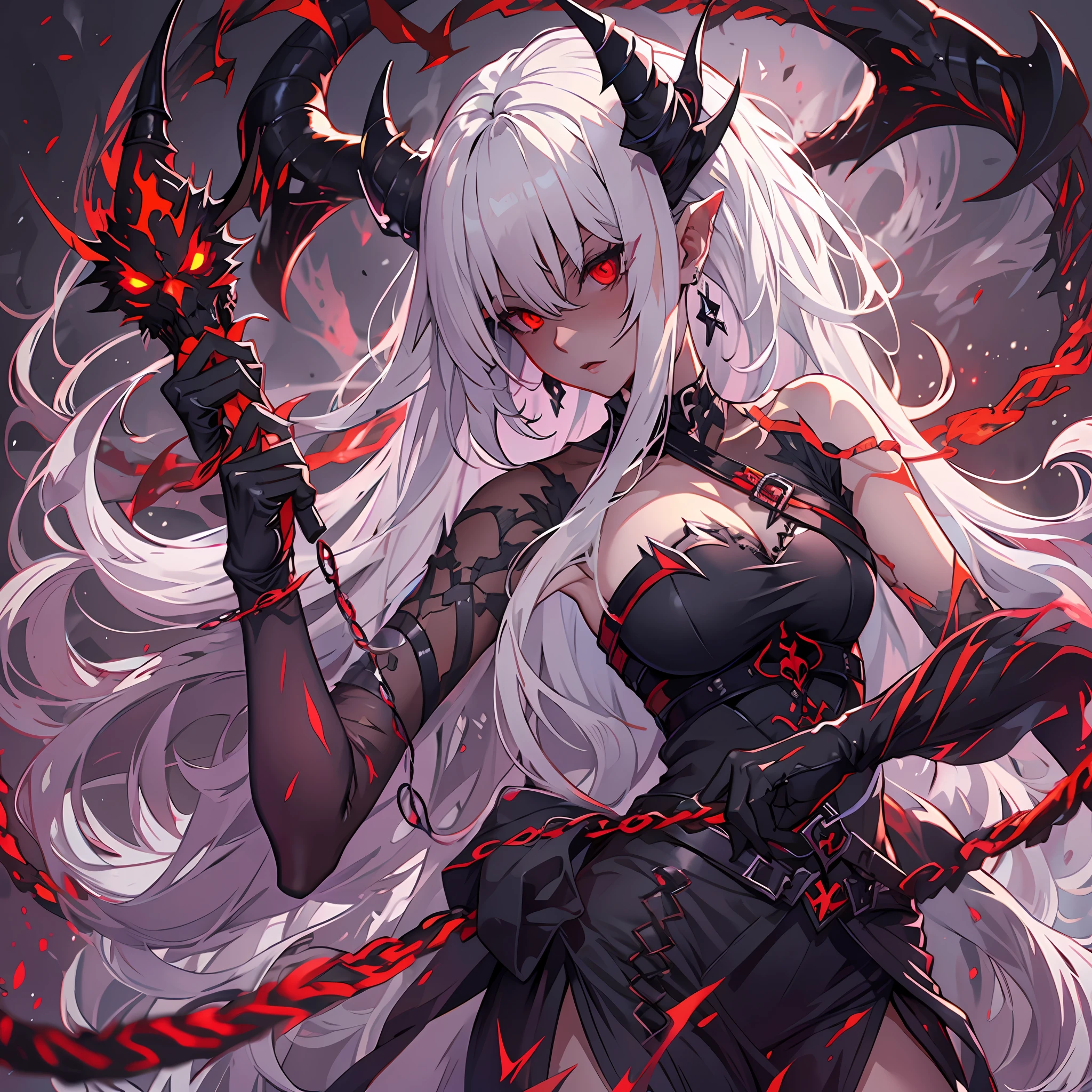 an evil white haired demon, holding a whip, sexy outfit, red eyes, black. Horn, fantasy background