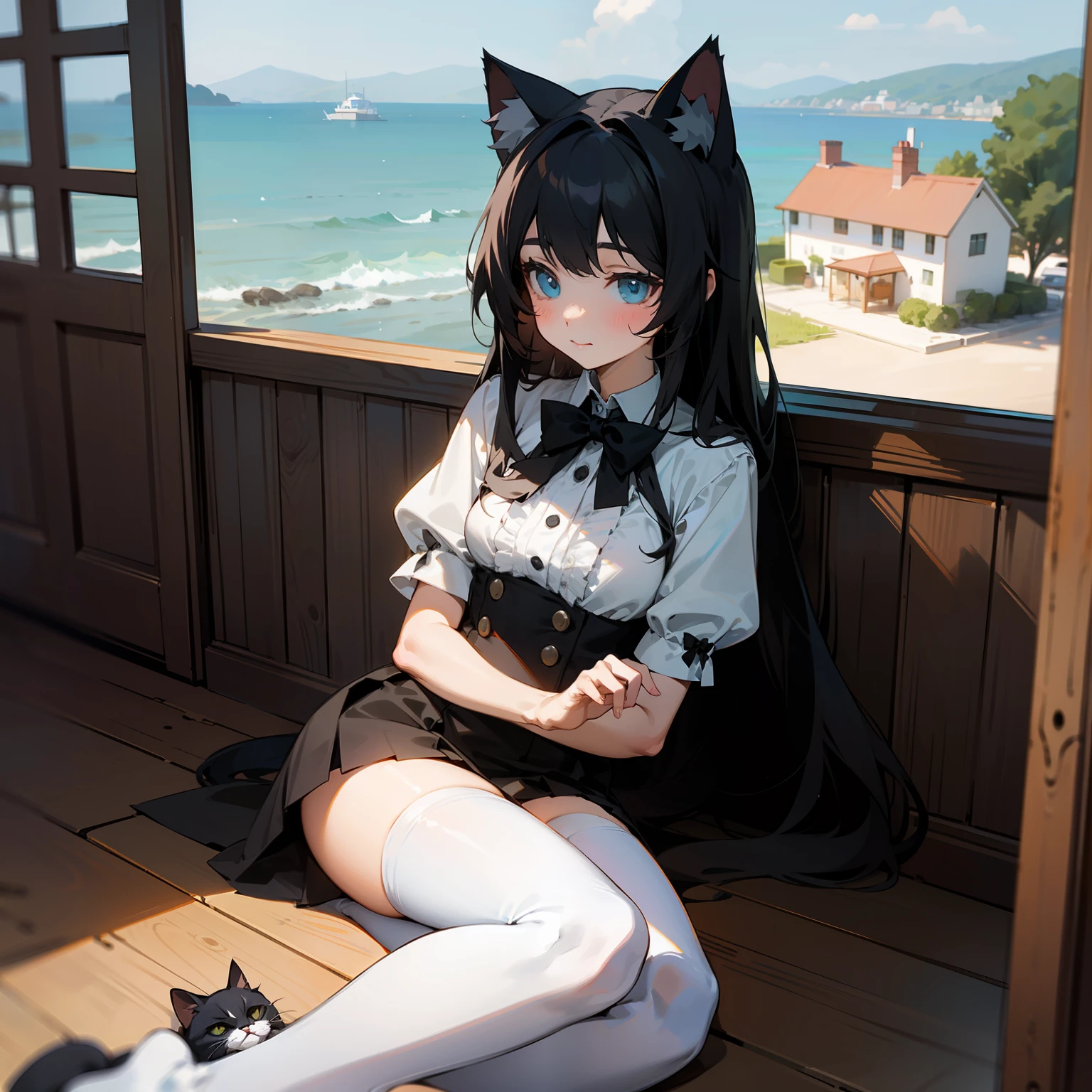 Sea side cottage in the afternoon,Cute girl with long black hair,sitting down on the floor,Wear a black bow tie,cat ear,jk,white stockings