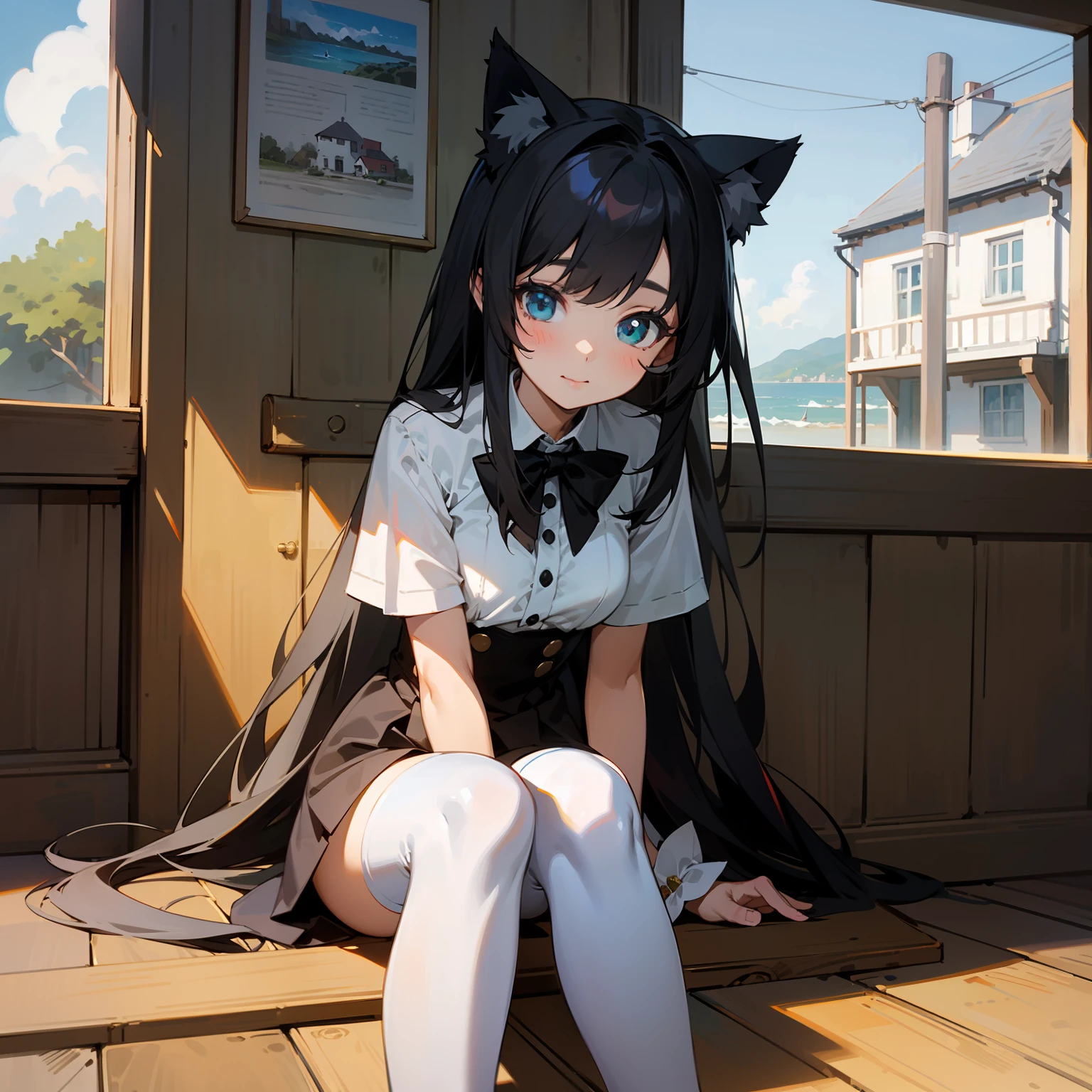 Sea side cottage in the afternoon,Cute girl with long black hair,sitting down on the floor,Wear a black bow tie,cat ear,jk,white stockings