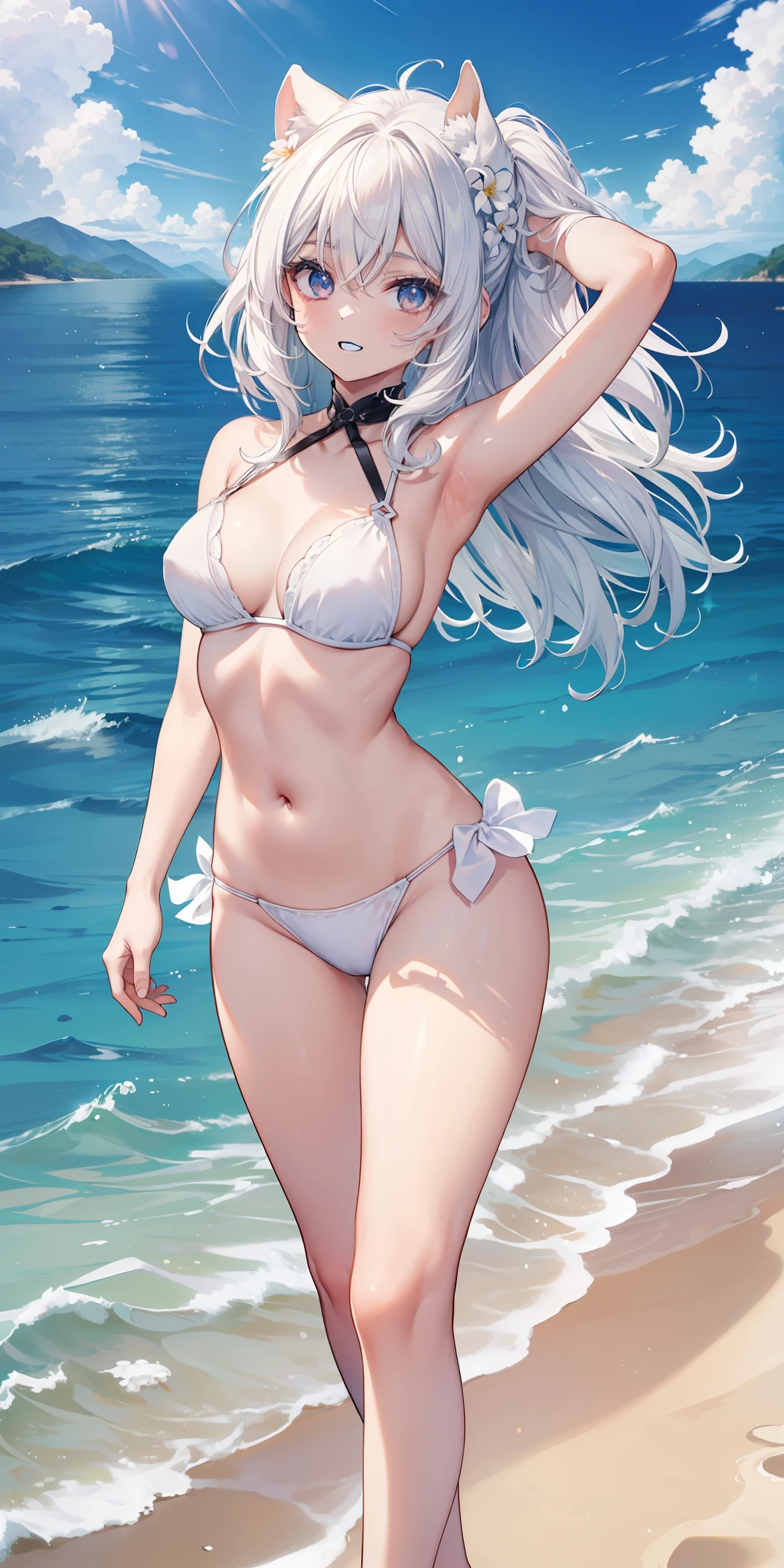 ((Masterpiece)), ((melhor qualidade)), ((estilo de perfil de anime)), ((HD 4k |)), ((personagem de anime)), ((body of water)), garota, rosto feminino, Feliz, sorriso, ((dentes aparecendo)), pele clara, olho, Eyelid, Aluno, Esclera, irises, sobrancelha, eyelashes, orelha, nariz, white water hair, Neck strap, Ombros, white bikini, ((barriga perfeita)), Arms, ((pernas grossas)), ((coxa grande)), background scenery, ((Chovendo)), viewer view