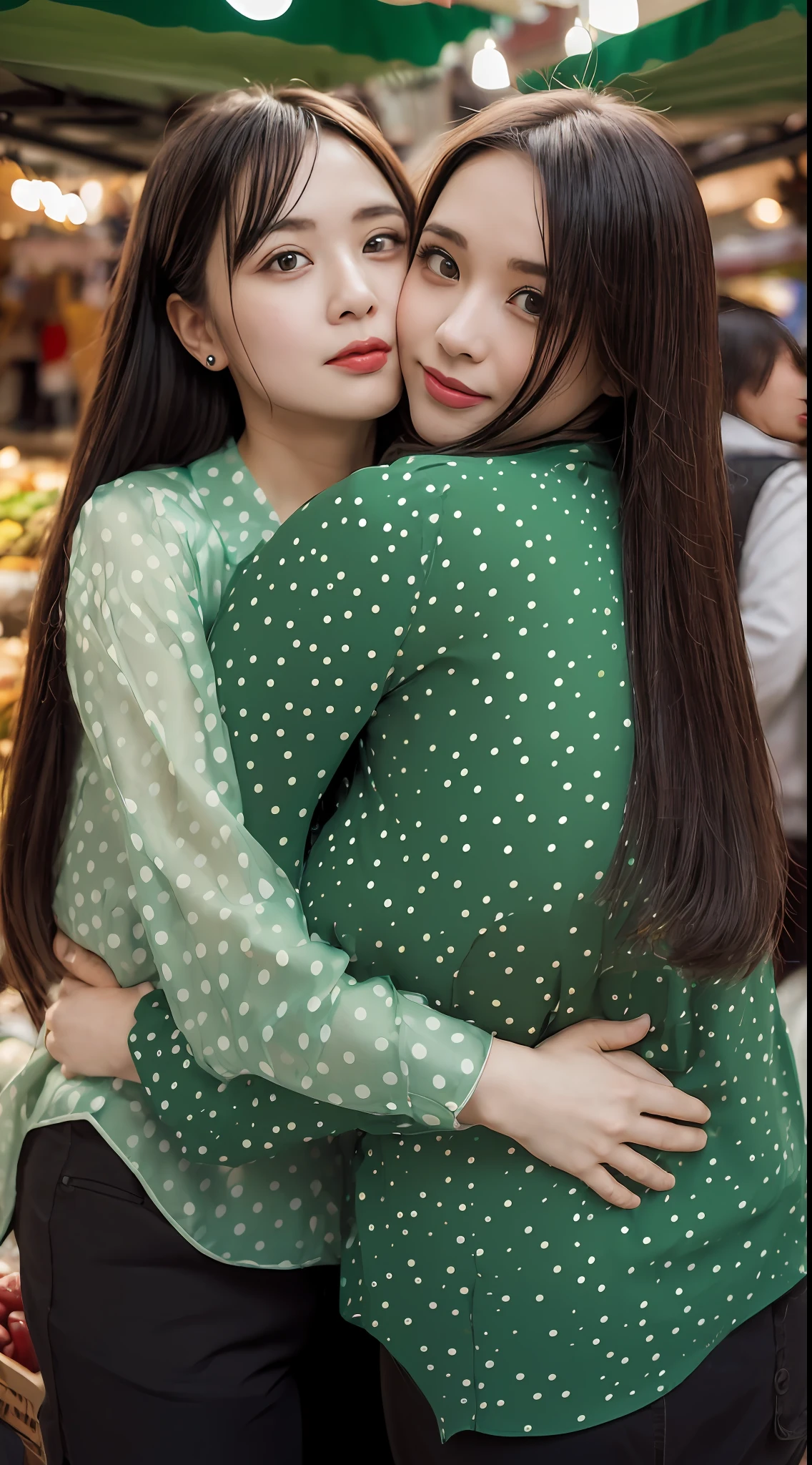 (Woman 25 year old),(man hug girl :1.7), (long hair:1.3),(Blouse woman clother :1.6) ,(DArk green polka-dot pattern:1.3) , (market themes:1.7), in the style of japanese prints, dark green and white, villagecore, she jiaying, dynamic outdoor shots, high gloss, 8k hd,RAW photo, (photorealistic:1.4, realistic), highly detailed CG unified 8K wallpapers, ((thick body:0.7)), (perfect breasts:1.7), (HQ skin:1.8), 8k uhd, dslr, soft lighting, high quality, film grain, Fujifilm XT3, (charming),(flirting)