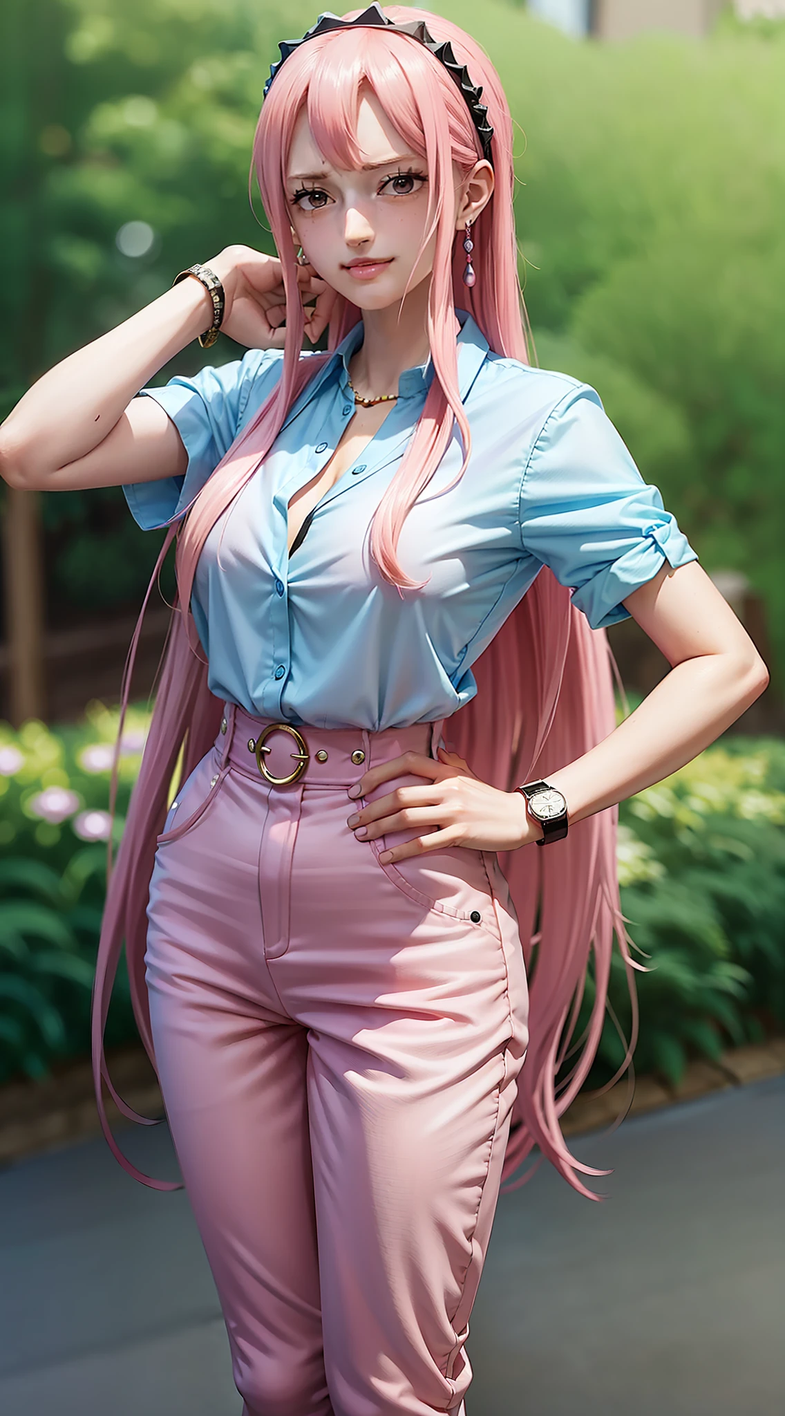 rebecca from anime one piece, long hair, hairband, pink hair, beautiful, beautiful woman, wears earrings, wears a watch on her left hand, perfect body, stands, wears a pink formal shirt, wears a white formal suit, pink pants, wears clothes formal, looking at the audience, smiling, being in the city of tokyo, brada on the side of the road, in a public place.