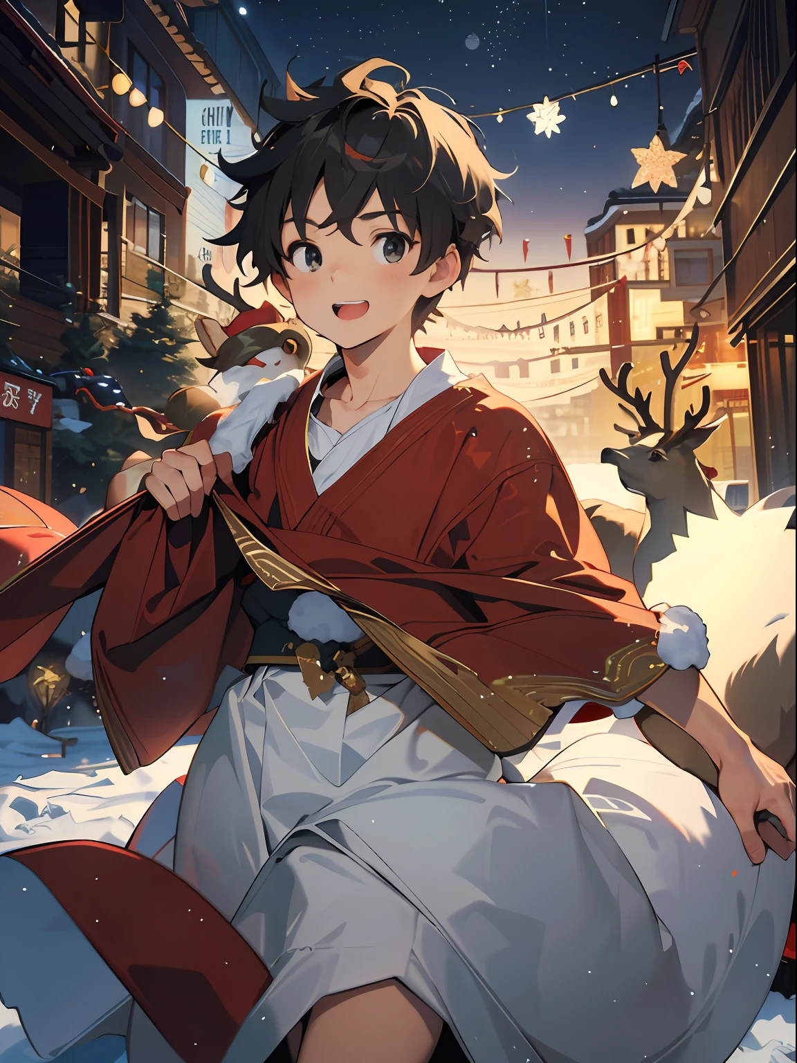 (🎄:1.1),1boy,🙂,🩱,🎅,🎁,🎀,❤,☃,❄,🌃,🌆,🦌