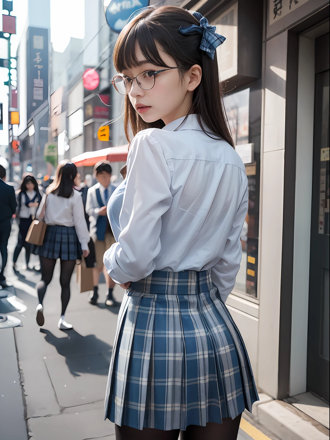 (8K、Raw photography、top-quality、masterpiece:1.2),Bullish,big butts,Muchimuchi,Erotic,Pupils,Light Blue Bra,de pele branca,kne,(Black pantyhose),absurderes,a small face,small tits,flat breast,Parting the bangs from the middle、Forehead visible,(a cold expression,Tight eyes,glares,Bullish,skinny,Rasping,irate)、masterpiece,top-quality、超A high resolution,Raw photo,ren,Beautiful fece,One Person, 独奏,eye glass,,Dark look,Small breasts,fullllbody,Round glasses、cute little、Back to Student,JK school uniform,hi-school girl,A Japanese Lady,is standing,(Photorealsitic:1.37)、Photon mapping,Realistic、Cute little face,Brown-eyed、Black socks、(Red bow tie)、Radio City、Physically Based Rendering、Foreground、depth of fields、Blurry background、a picture,The girls、Body,beauty legs, Long legs, Thin leg,shorttwintail,(Bangs are visible), hair, s lips, Blue_The eye, nosesoft,(Light blue shirt), (Navy and blue and white plaid pleated skirt), Knees are visible,Sheer clothing,, Thigh, Black cotton socks,Nogizaka Idol, 女優, Japanese ido