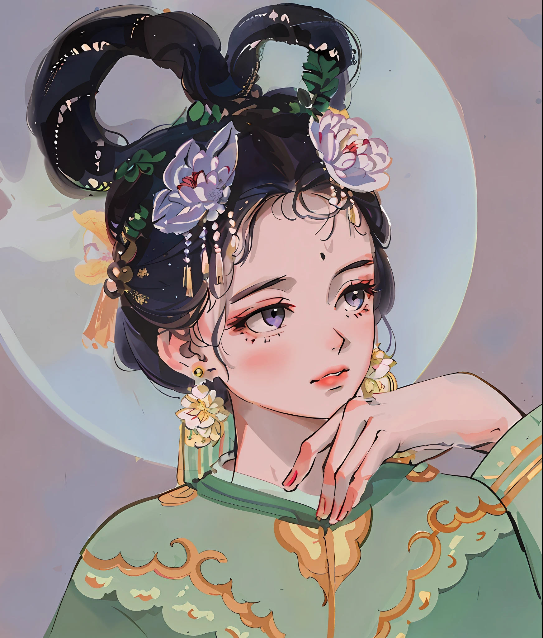 one-girl, Wear ancient Chinese mythical Ryukyu costumes, Chinese hair bun,Gorgeous headdresses and earrings, Clear face, large moon,lotus flower,butterflys,Ink painting style,pretty colors,Clear cut,clean backdrop, tmasterpiece, super detailing, Epic composition, hyper HD, high qulity, extremely detaile, offcial art, 8k 壁纸, super detailing, 32k,Lazy posture,tmasterpiece,ultra-detailliert,Magnificent composition,high high quality,HighestQuali,