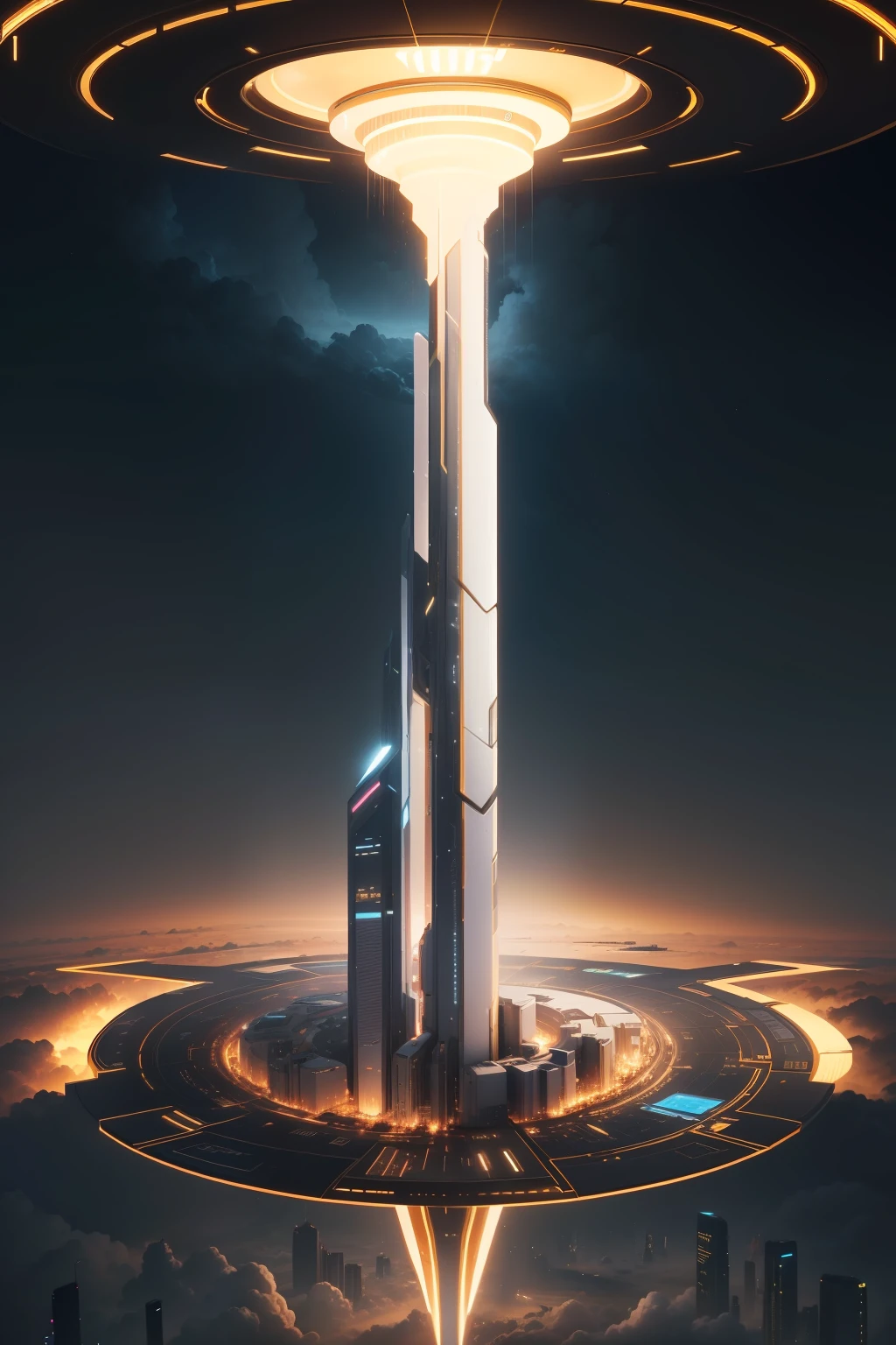 Ivory gold AI， （ultra - detailed：1.4），Close-up shot，The city of the future，neotech，Skysky，Extreme detail，Realistic lighting，Epic composition，（Complex details），（Complex design，Hyper-detailing：1.2），art  stations，Floating in the air，Clouds，Aerial design，((Aerial design)),（tmasterpiece，best qualtiy），hyper HD，32K --v 6