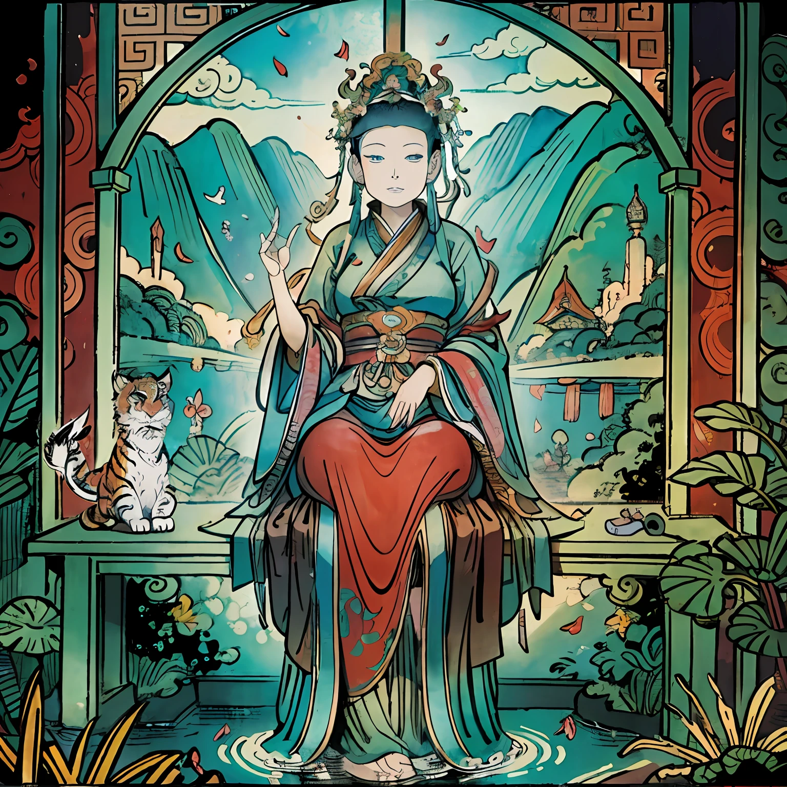 Oriental Dragon,Guanyin sits on a lotus throne, Guanyin Bodhisattva, Avalokitesvara, Chinese temples scattered in the forest not far away, The waterfall pours into the lake or stream in the background, Briante mountains and small lake in the background, lotus flowers in the foreground, Clear fingers, Clear and distinctive toes, Clear and vivid facial features,jewelry, leafs,a tiger