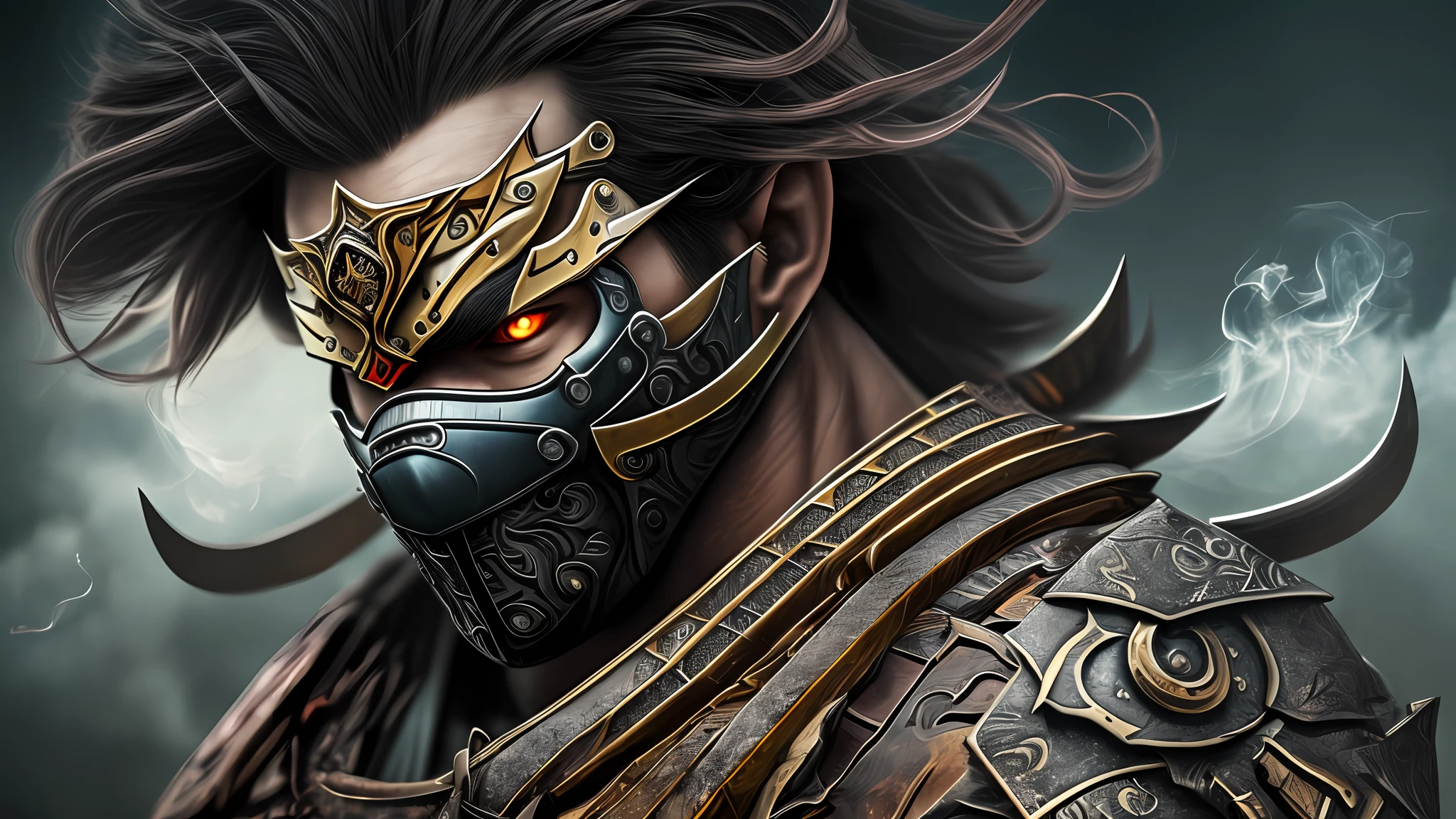 ((Best quality)), ((masterpiece)), (highly detailed:1.3), 3D, cyborg ninja samurai in forrest with oni face mask, oni style, armor, dark, sinister, weapons, fog, face portrait, smoke, HDR (High Dynamic Range), Ray Tracing, Super-Resolution --auto --s2
