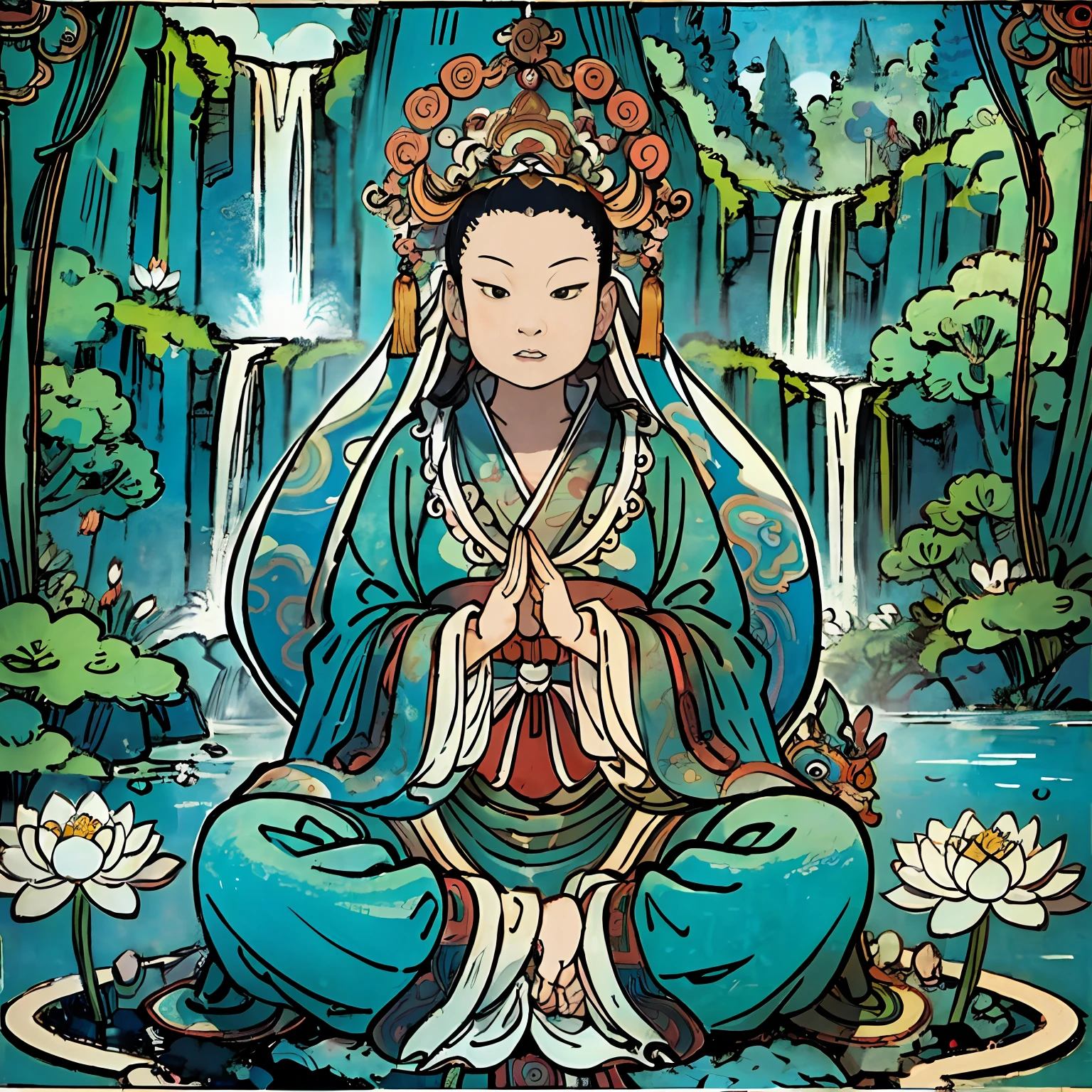 Oriental Dragon,Guanyin sits on a lotus throne, Guanyin Bodhisattva, Avalokitesvara, Chinese temples scattered in the forest not far away, The waterfall pours into the lake or stream in the background, Briante mountains and small lake in the background, lotus flowers in the foreground, Clear fingers, Clear and distinctive toes, Clear and vivid facial features,jewelry, leafs,a tiger