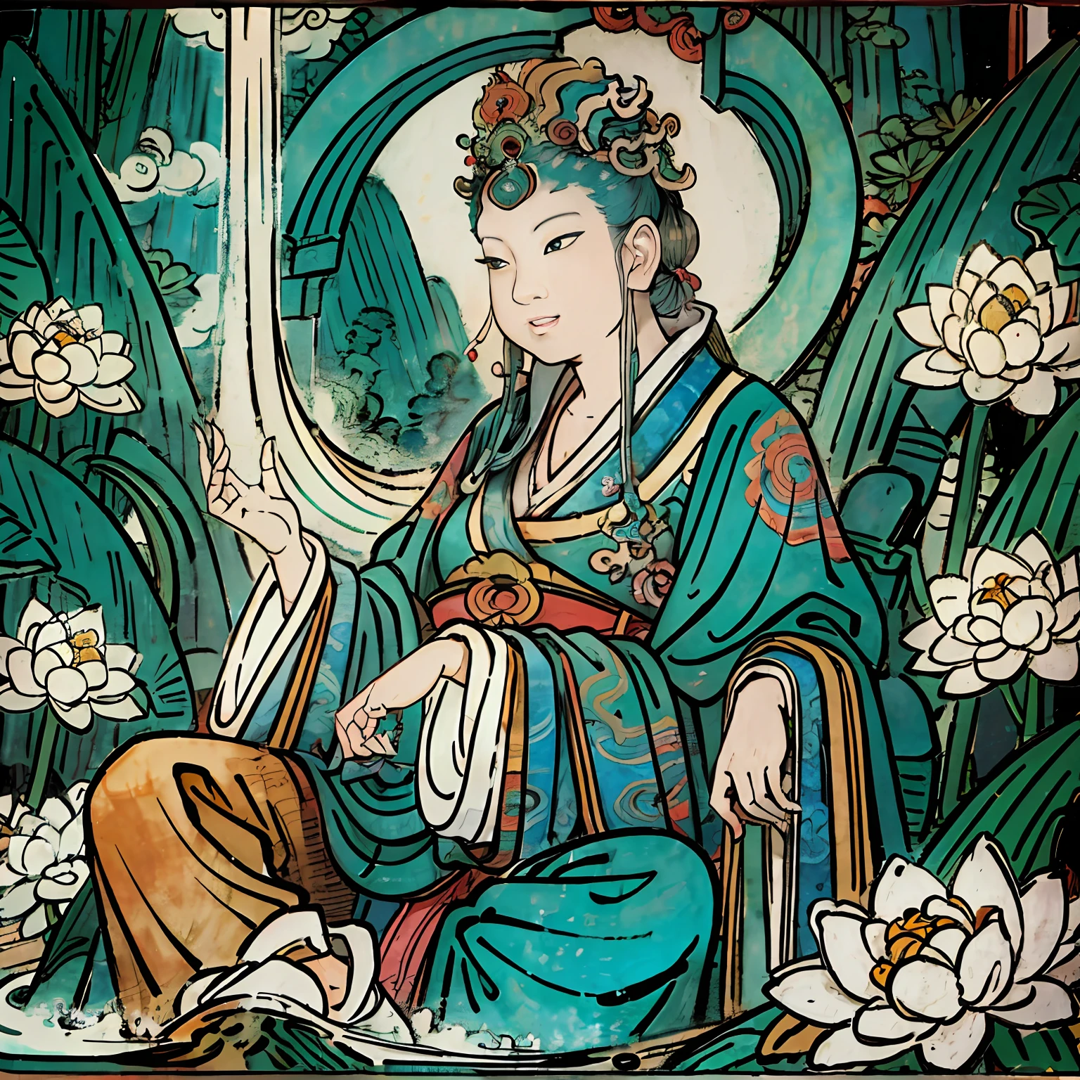 Oriental Dragon,Guanyin sits on a lotus throne, Guanyin Bodhisattva, Avalokitesvara, Chinese temples scattered in the forest not far away, The waterfall pours into the lake or stream in the background, Briante mountains and small lake in the background, lotus flowers in the foreground, Clear fingers, Clear and distinctive toes, Clear and vivid facial features,jewelry, leafs,a tiger