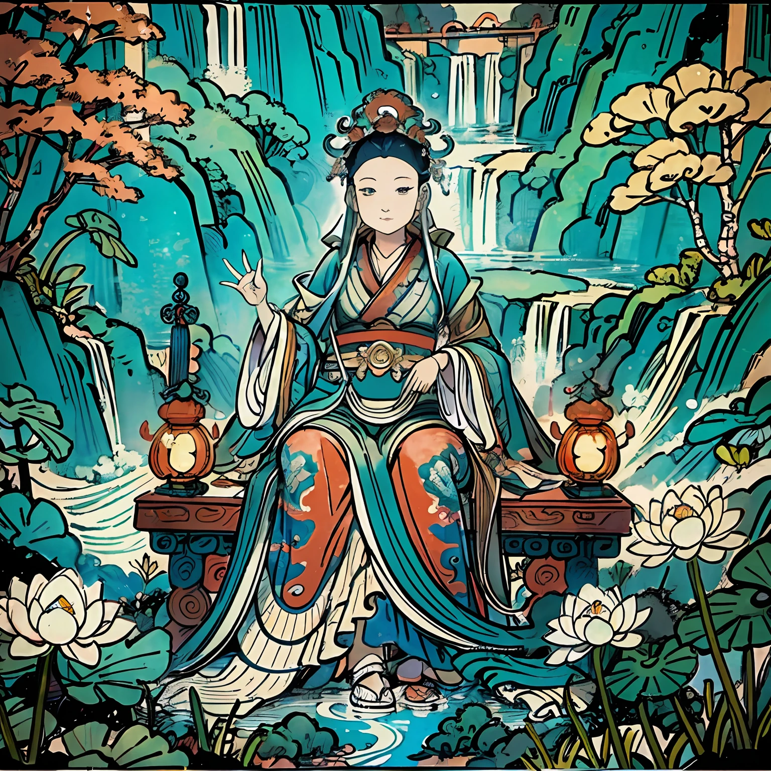 Oriental Dragon，Guanyin sits on a lotus throne, Guanyin Bodhisattva, Avalokitesvara, Chinese temples scattered in the forest not far away, The waterfall pours into the lake or stream in the background, Briante mountains and small lake in the background, lotus flowers in the foreground, Clear fingers, Clear and distinctive toes, Clear and vivid facial features,jewelry, leafs,a tiger