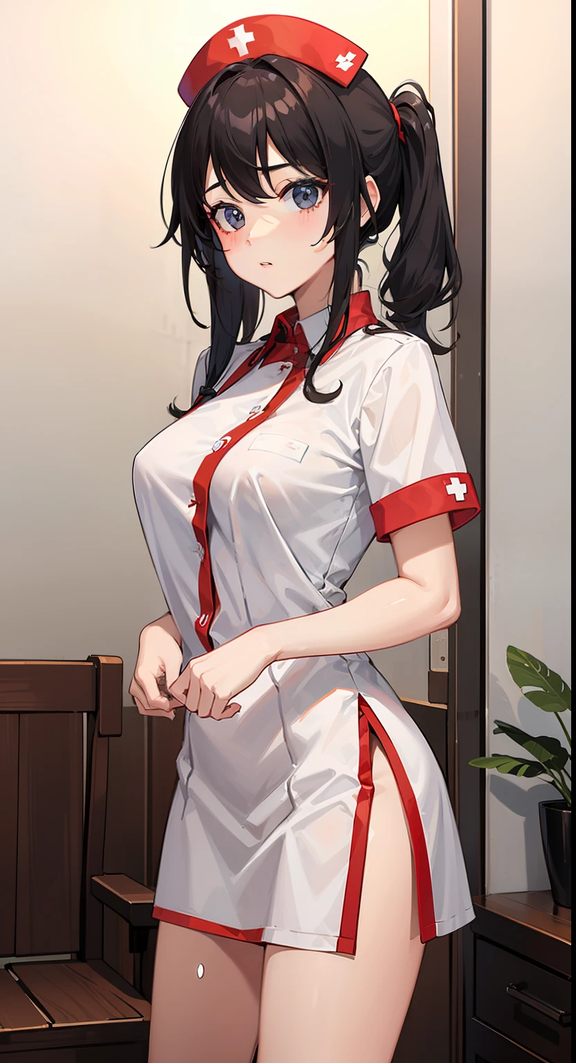1girll, clothes tug, Nurse,
Infirmary,, Masterpiece, Best quality, Highly detailed