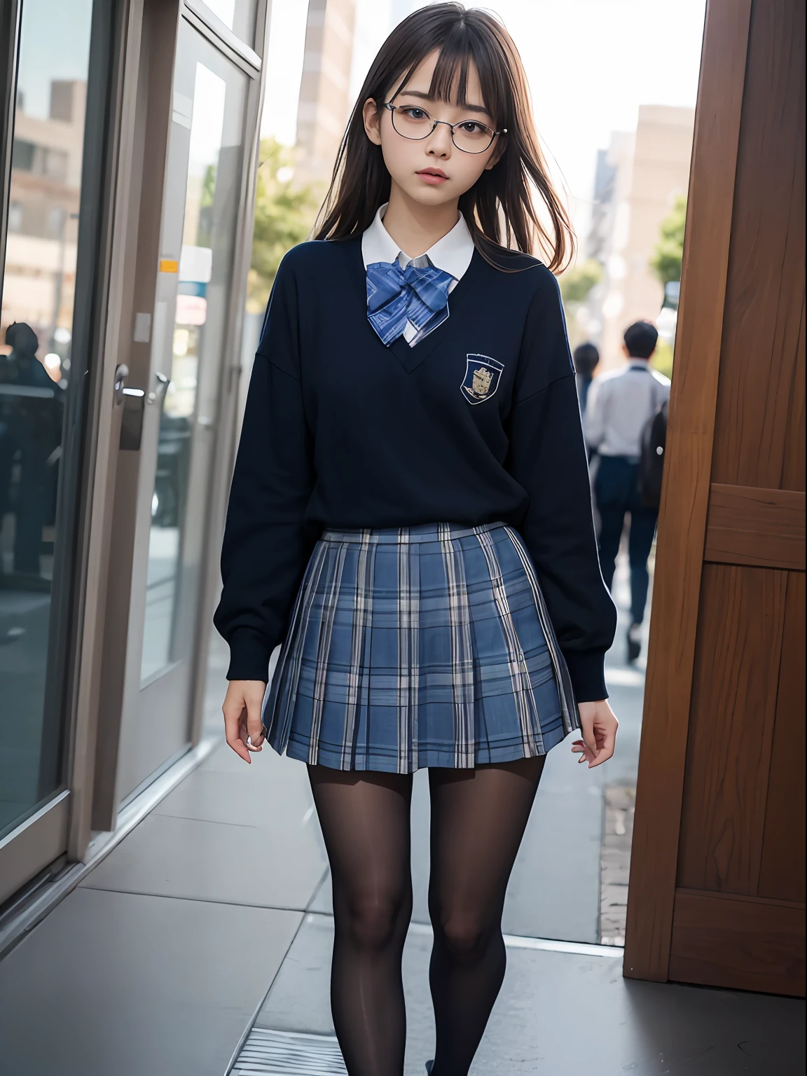 (8K、Raw photography、top-quality、masterpiece:1.2),Bullish,big butts,Muchimuchi,Erotic,Pupils,Light Blue Bra,de pele branca,kne,(Black pantyhose),absurderes,a small face,small tits,flat breast,Parting the bangs from the middle、Forehead visible,(a cold expression,Tight eyes,glares,Bullish,skinny,Rasping,irate)、masterpiece,top-quality、超A high resolution,Raw photo,ren,Beautiful fece,One Person, 独奏,eye glass,,Dark look,Small breasts,fullllbody,Round glasses、cute little、Back to Student,JK school uniform,hi-school girl,A Japanese Lady,is standing,(Photorealsitic:1.37)、Photon mapping,Realistic、Cute little face,Brown-eyed、Black socks、(Red bow tie)、Radio City、Physically Based Rendering、Foreground、depth of fields、Blurry background、a picture,The girls、Body,beauty legs, Long legs, Thin leg,shorttwintail,(Bangs are visible), hair, s lips, Blue_The eye, nosesoft,(Light blue shirt), (Navy and blue and white plaid pleated skirt), Knees are visible,Sheer clothing,, Thigh, Black cotton socks,Nogizaka Idol, 女優, Japanese ido