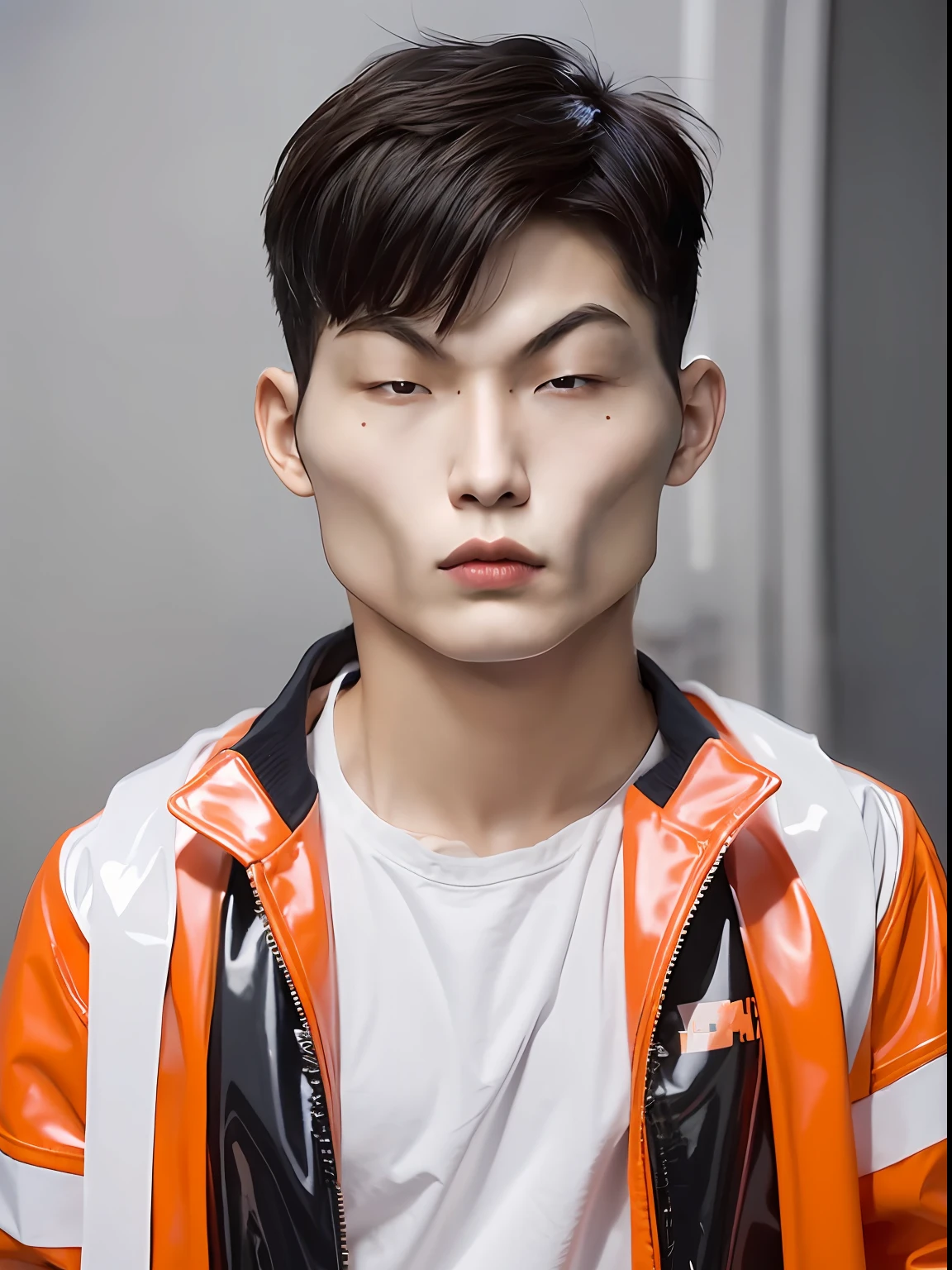 A male high school student，Wear a PVC jacket，Red and Hermes orange，light grey background
