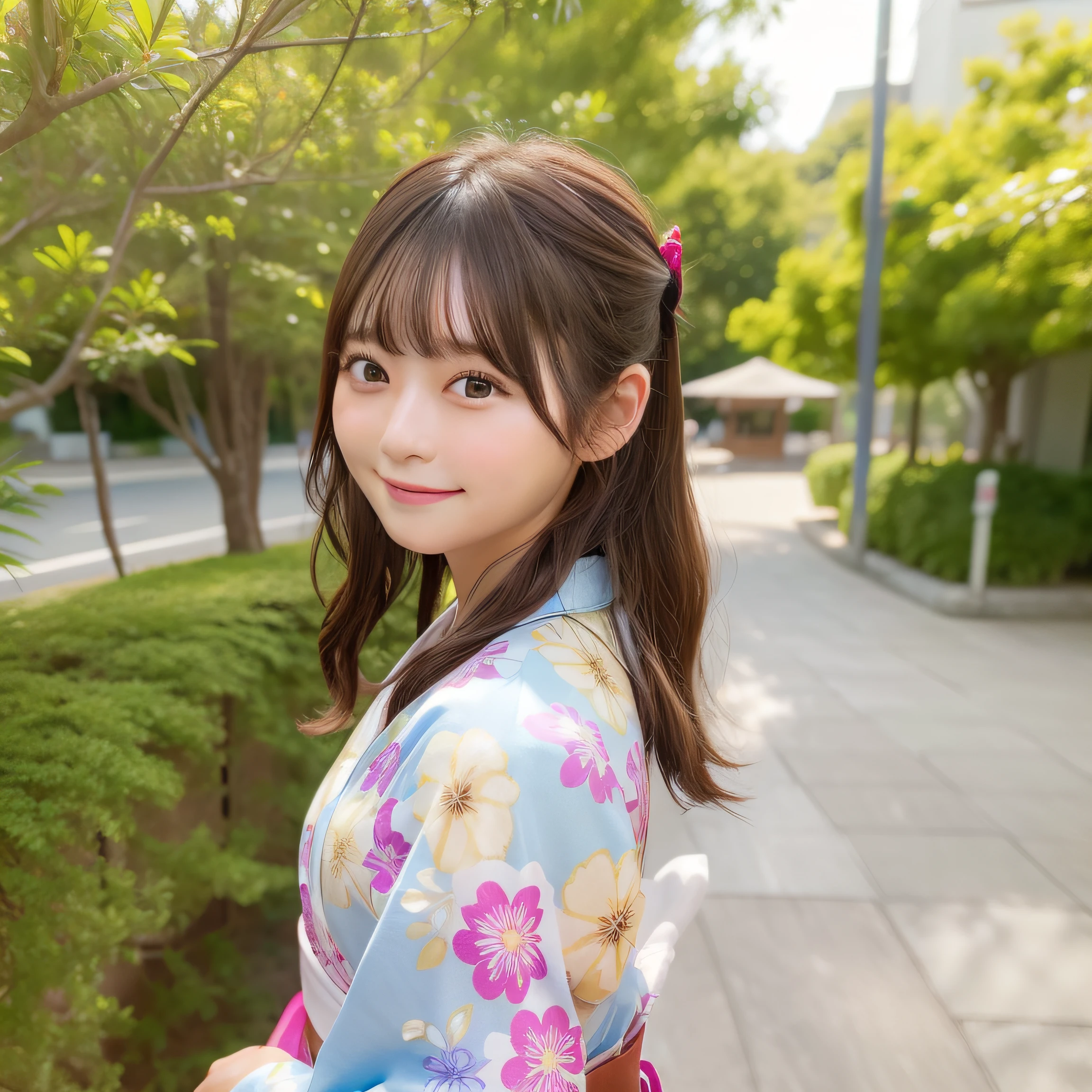 8K、Raw photo、Best Quality、 top-quality:1.1、 masterpiece:1.3、超A high resolution、nogizaka、Yukata with colorful and vivid patterns:1.5、Cute yukata、Summer Festivals:1.2、1日本人の女の子、 Cute、 (Upper knees:1.5, From Side)、 natural skin textures:1.1, realistic eyes and face details:1.3, Full lips,(Background is blurry:1.4)、 (Shy smile)、Fluffy yukata obi、 (Dark brown eyes), Smooth skin, (Brown medium hair,Bangs), (touch hair:1.4)、full bodyesbian、is standing、food stand