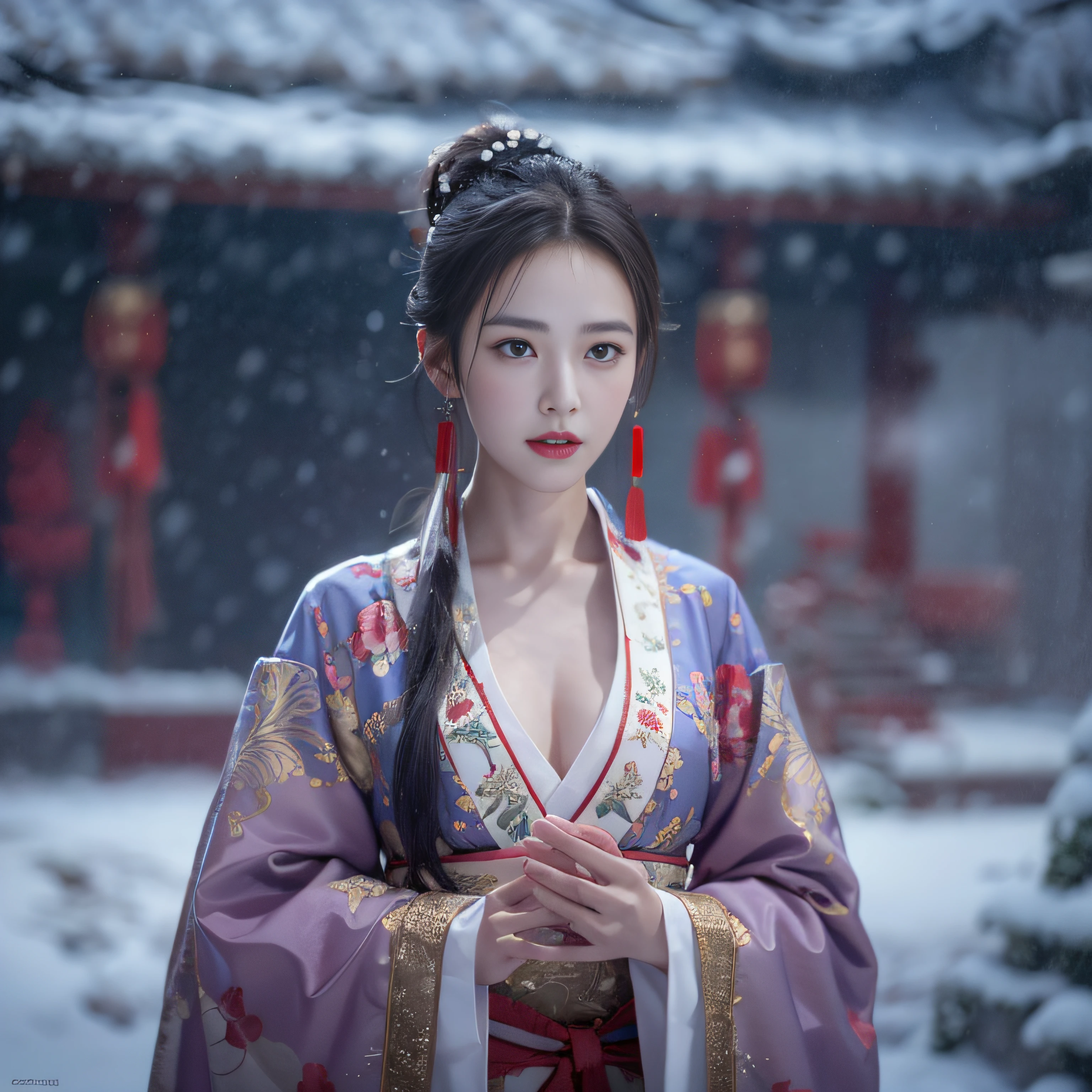 8k, raw photo, a woman in traditional Chinese dress standing outdoors (perfect female body, perfect face, pale face, sick, thin, skinny, skinny, big breasts), facing the viewer, snow falls on her , Chen Yifei, snow, realistic painting, artistic photography, super high resolution, (realistic: 1.4),, masterpiece, sharp lines, vivid colors,