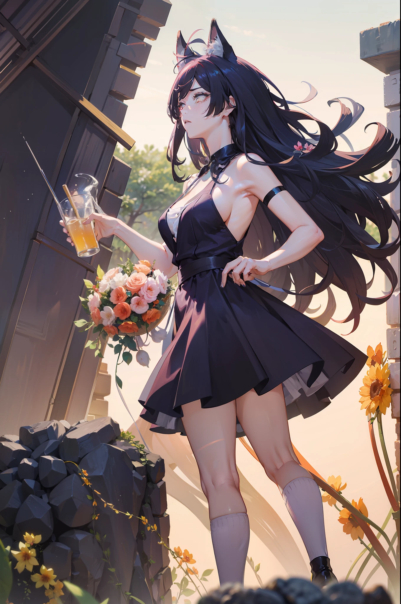 Need, Harnes, Superskirt, female pervert, , drill hair, bangs, expressive hair, big hair, floating hair, shiny hair, flower on head, aqua eyes, color contact lenses, amber eyes, longeyelashes, fox ears, drunk, full blush, heavy breathing, moaning, rococo style, multiple monochrome, cowboy shot, highres, masterpiece, anatomically correct,Dress coolly,Poor milk