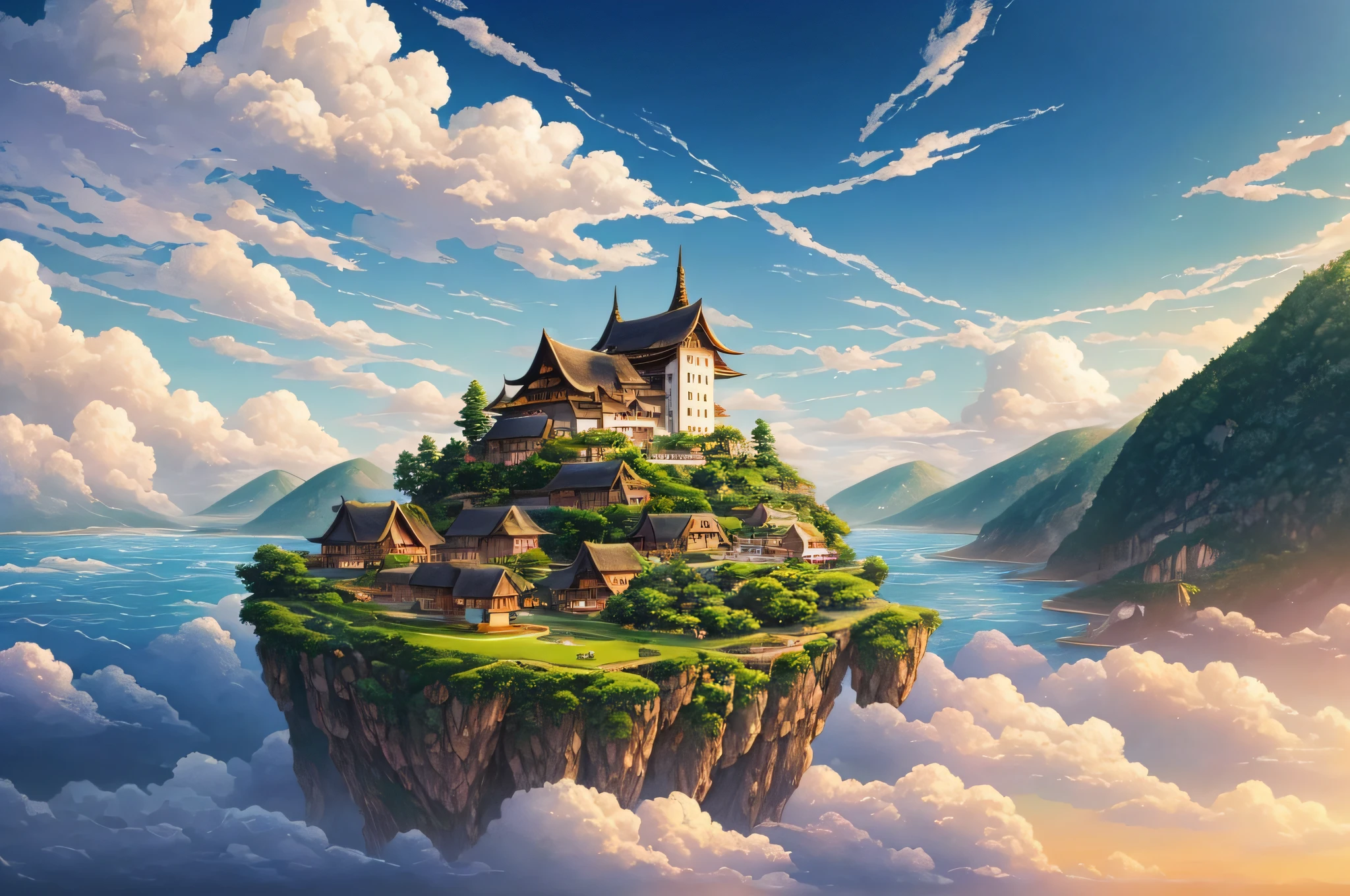 (A city floating in the sky:1.3),A city in the clouds,thatched hut,Miyazaki painting style,Makoto Shinkai painting style,Countless white clouds,Flying humans,Horizontal layout,A high resolution,best qualtiy,ultra - detailed,dynamic angle,afloat,Complicated details,Historic buildings,Flowing rivers,vivd colour,Volumetriclighting,Rich cultural background。