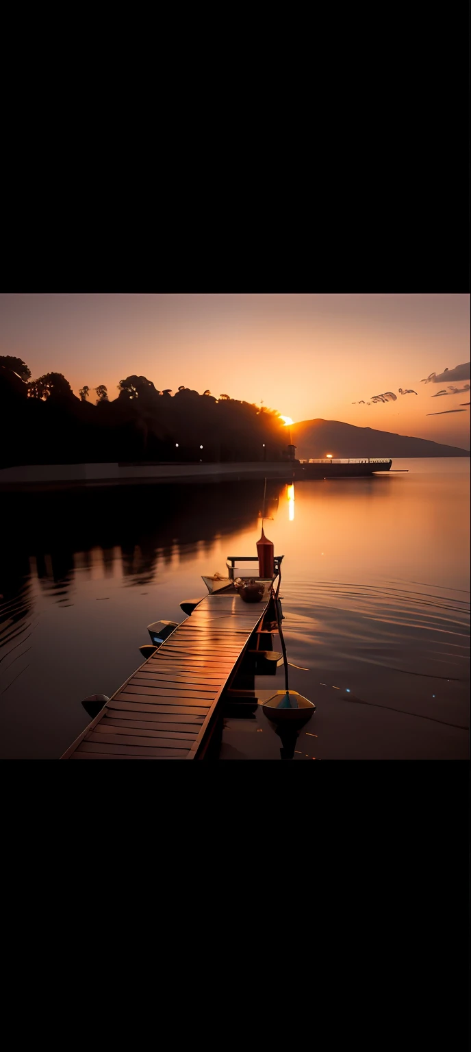 There was a boat parked on the pier by the lake, warm beautiful scene, Warm and calm, Soft glow, Tranquility, beautiful morning, Warm glow, A mystical environment, peaceful and serene, serene evening atmosphere, calm evening, warm sundown, nice sunset,