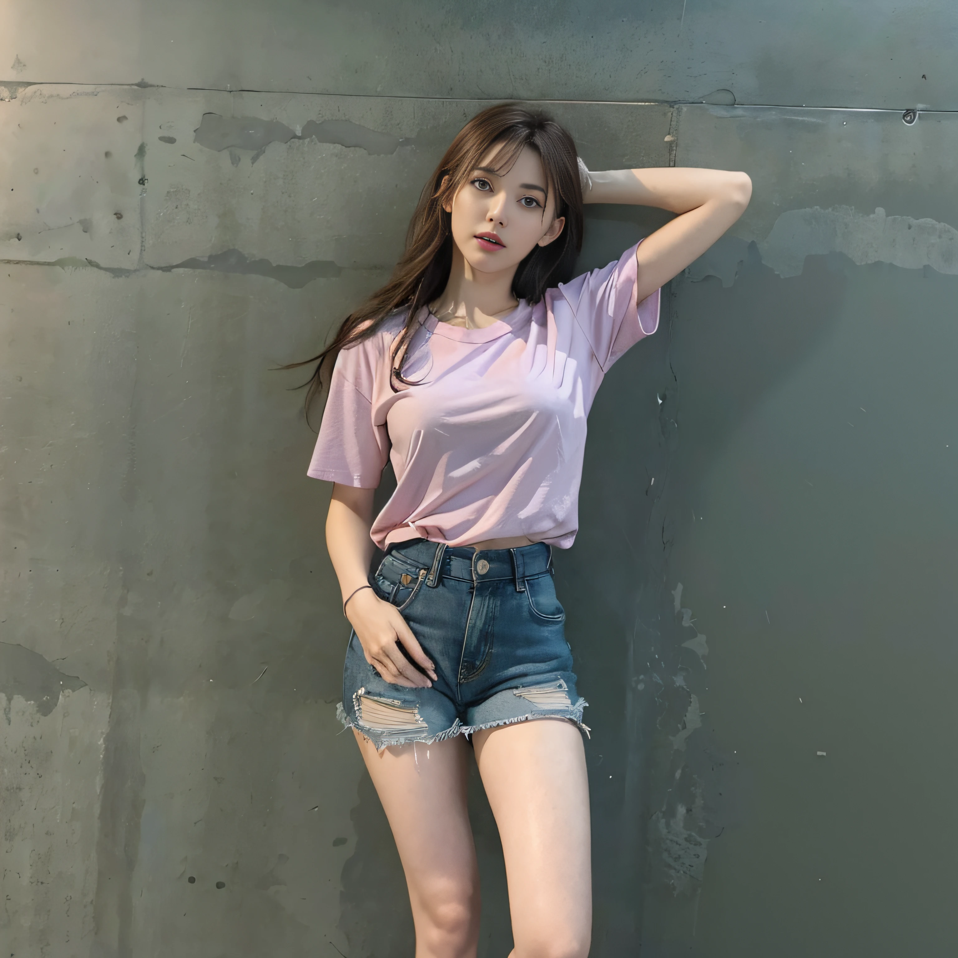 ((Realistic lighting、top-quality、8K、tmasterpiece:1.3))、Clear focus:1.2、A 1 girl、Perfect body beauty:1.4、Slim abs:1.1、full body Esbian、((dark brown hair、Large full breasts:1.3))、(Acceleration:1.4)、View of Waikiki Beach、palm tree、Slender face、Fine eyes、二重まぶた、Fashion model pose、Floating hair、tee shirt、Pendants、