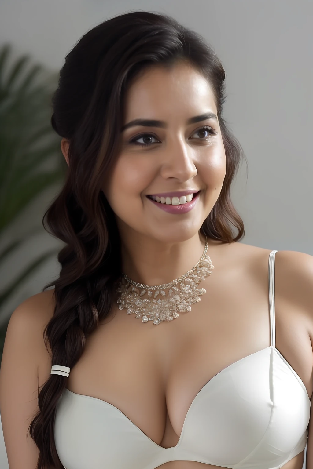 Nsfw, day scene, angle from below, close up photo of naked (Rashi Khanna:0.1), Hollywood lips, white bra, navel, perfect breasts, seducing in a office, hourglass figure, armpits, (blue eyes:1), french braid hair, necklace, 30 yo, look at viewer and smile, (cinematic:1.3), intricate details, (ArtStation:1.2)