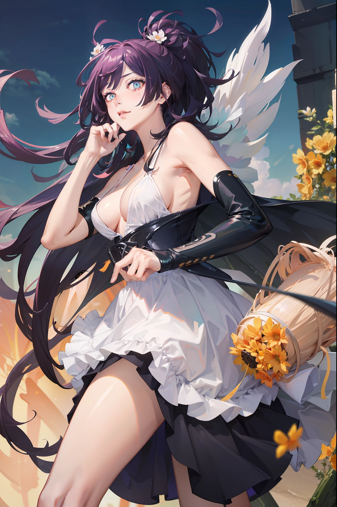 Need, Harnes, Superskirt, female pervert, , drill hair, bangs, expressive hair, big hair, floating hair, shiny hair, flower on head, aqua eyes, color contact lenses, amber eyes, longeyelashes, fox ears, drunk, full blush, heavy breathing, moaning, rococo style, multiple monochrome, cowboy shot, highres, masterpiece, anatomically correct，Dress coolly，Poor milk