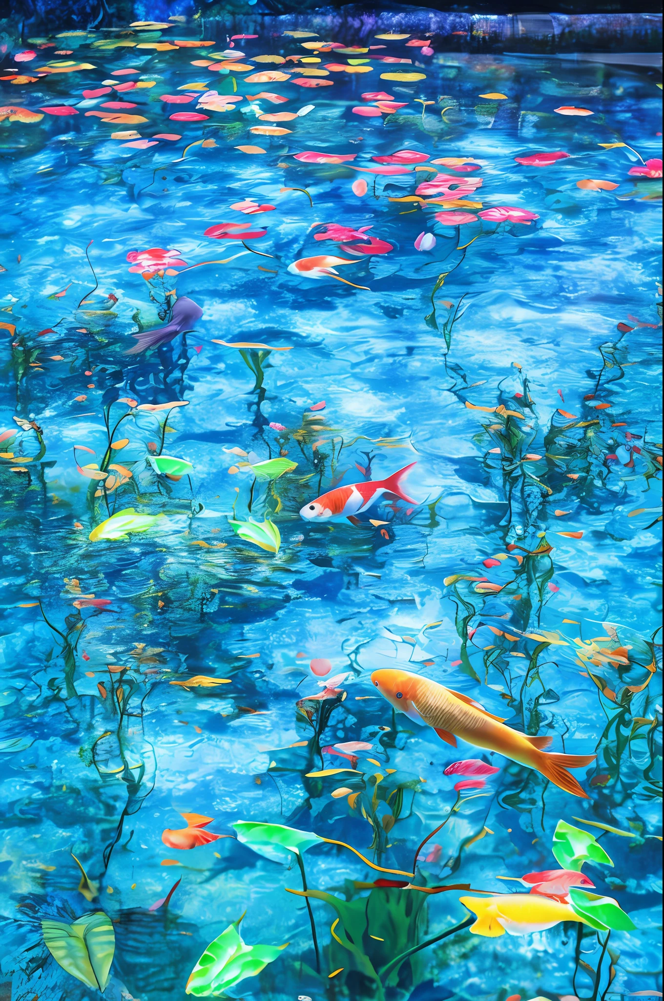 There are fish swimming in a pond of water, fish swimming, see fishes swimming, surreal waiizi flowers, fish swimming around, Colorful fish, Floating carp, Koi Pond, fish swimming, Fish floating in the bedroom, under water scenery, flowers sea everywhere, in pond, reflective water koi pond, koi colors, Monet style, Koi