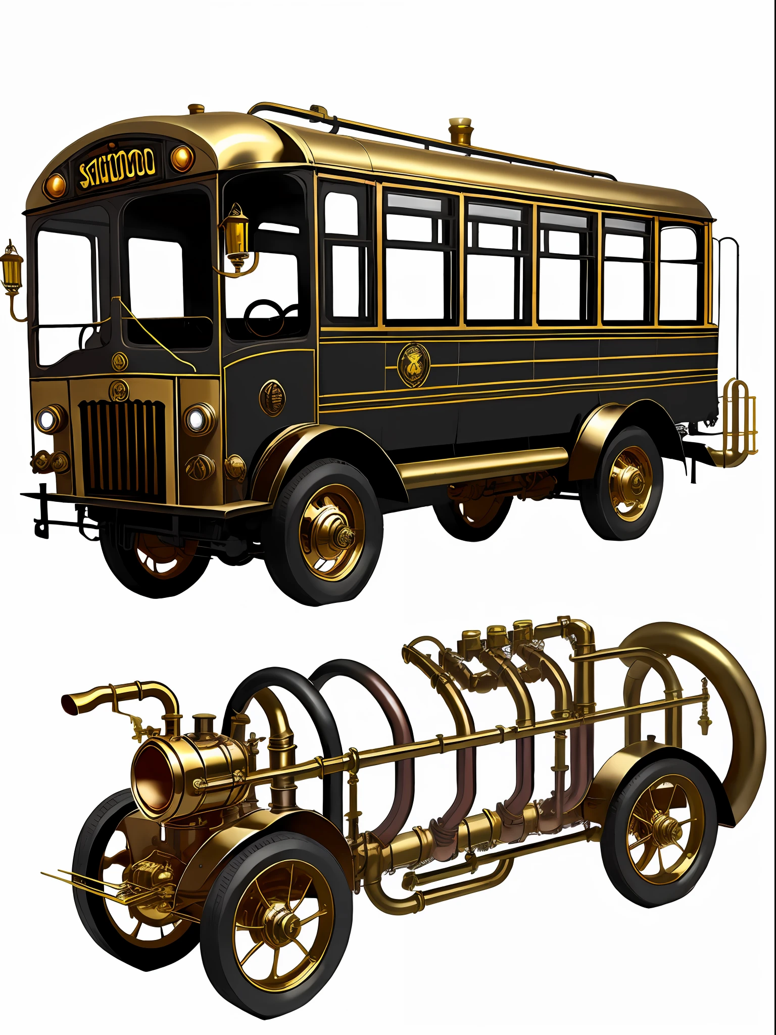 school bus、steampunc、from side view、brass、steel、Great photos of pipes、White background