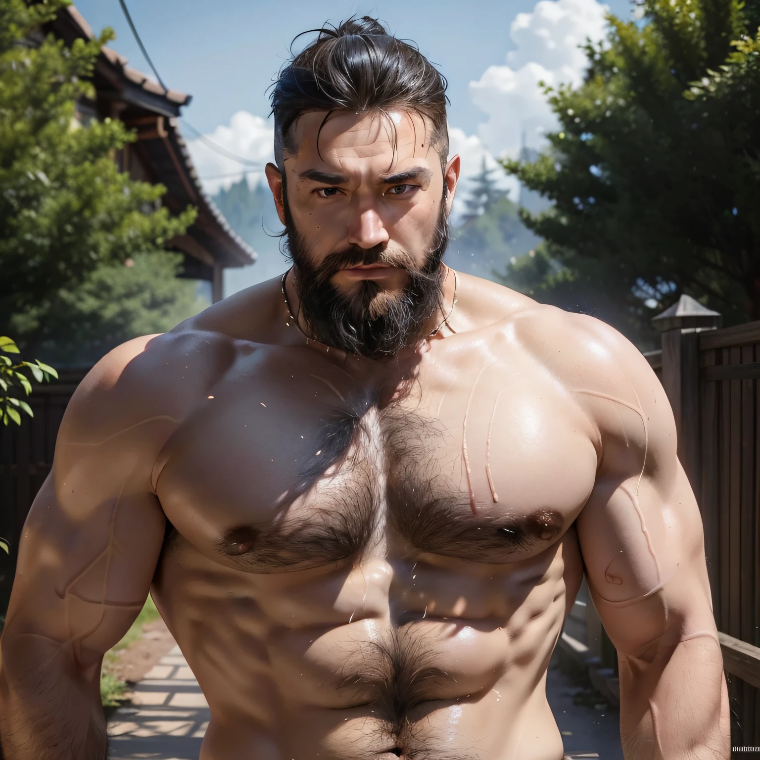 1人, full bodyesbian, Pubic hair shows through,Short gray hair, musculature, Strong bear,Strong,Facial hair,National character face,Beard,,Naked, perspire,Wet the whole body,Felling trees, (Masterpiece, Best quality, A high resolution, Ultra detailed ), depth of fields,and the sun was shining brightly,rural village background,Sweat wet clothes,Naked,enjoying,Homem de meia idade,50yearsold,grandfatherly。