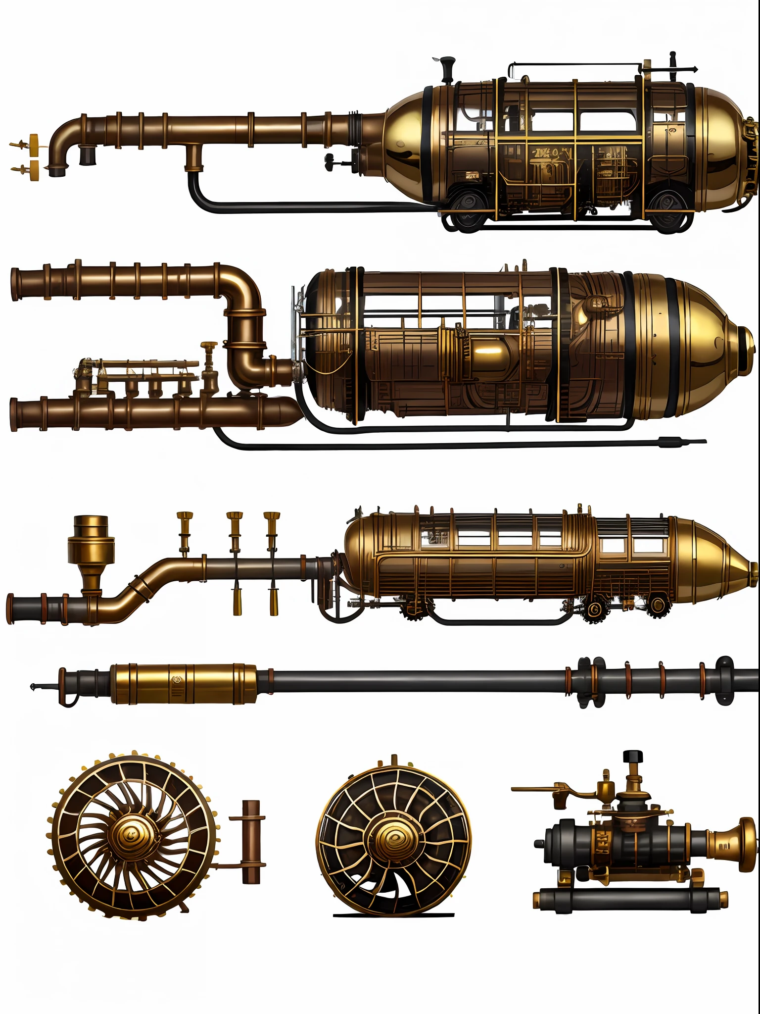school bus、steampunc、from side view、brass、steel、Great photos of pipes、White background
