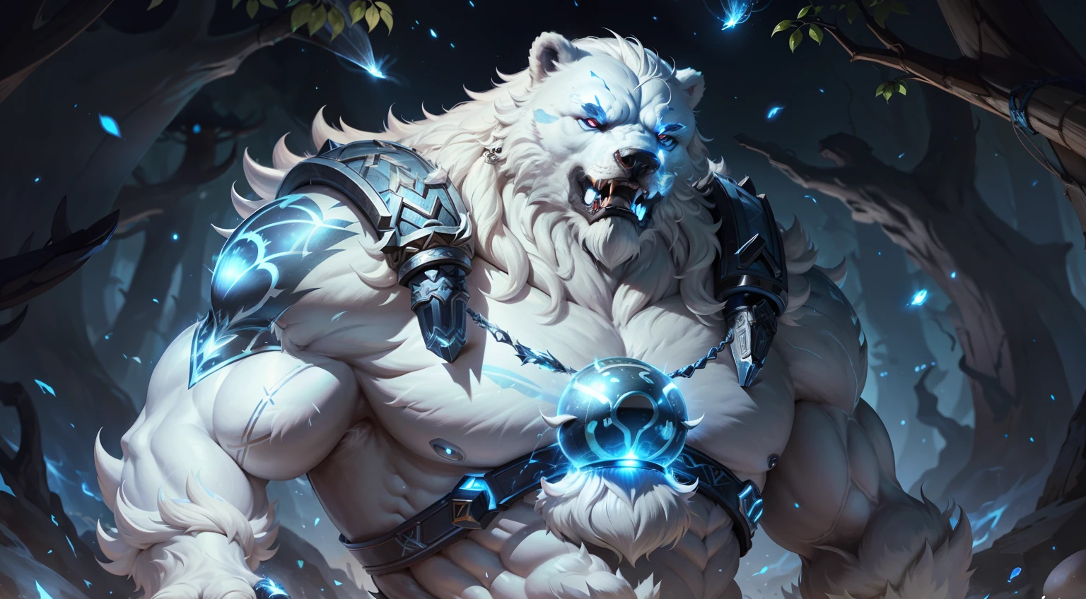 (masterpiece, 4k ,ultra detailed:1.2),(fantasy:1.2),illustration,(realistic:1),(photorealistic:1),
(Volibear, the champion from League of Legends:1.6),
(white hair,very long fur:1.6),(roaring with open mouth:1.3),(white bear with blue eyes and a glowing light on its face:1.4),
(musculous body,blue rays coming out of eyes,rays surrounding around,giant bear:1.3),
(forest, night, lighted mushrooms, fireflies:1.2),
