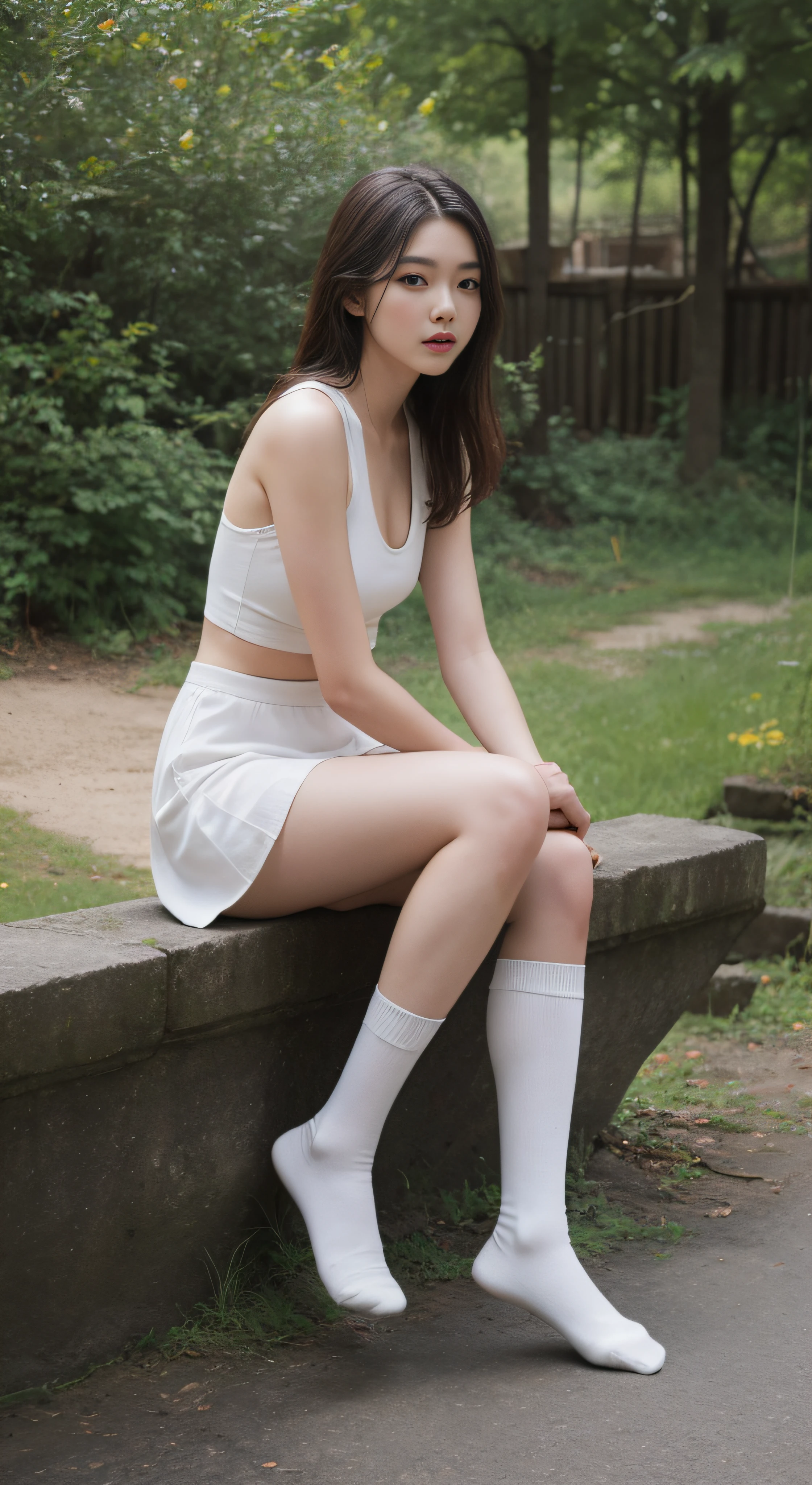 best qualtiy, Full body like，Refined face，pretty  face，25 years old woman，slimfigure，Smaller bust，Harnes，Calf socks，Keep your legs together，Outdoor scene，Sit Pose，