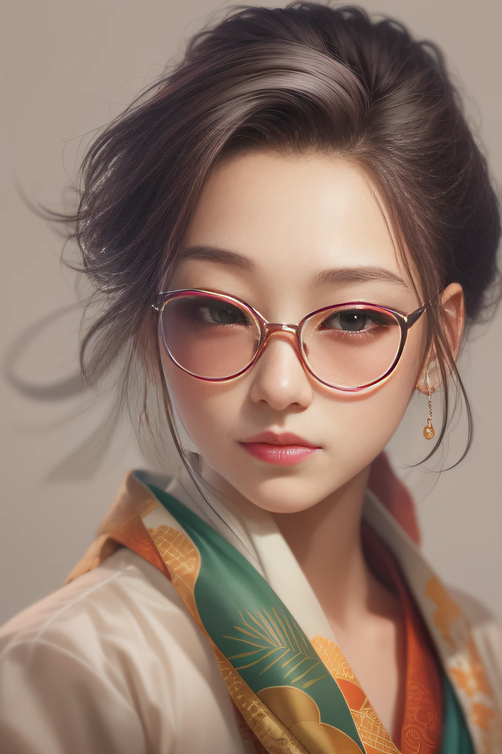 （China - chic Chinese intellectual girl，anatomy correct，Wear stylish glasses，Draped in a silk scarf：1.2，Oriental elements），（China - Fashion illustration：1.5，Vector painting：1.5），（Chinese colors，senior color matching，gradient backgrounds，white backgrounid），（The is very detailed，reasonable design，Clear lines，High- sharpness，best qualtiy，tmasterpiece，offcial art，movie light effect，4K）