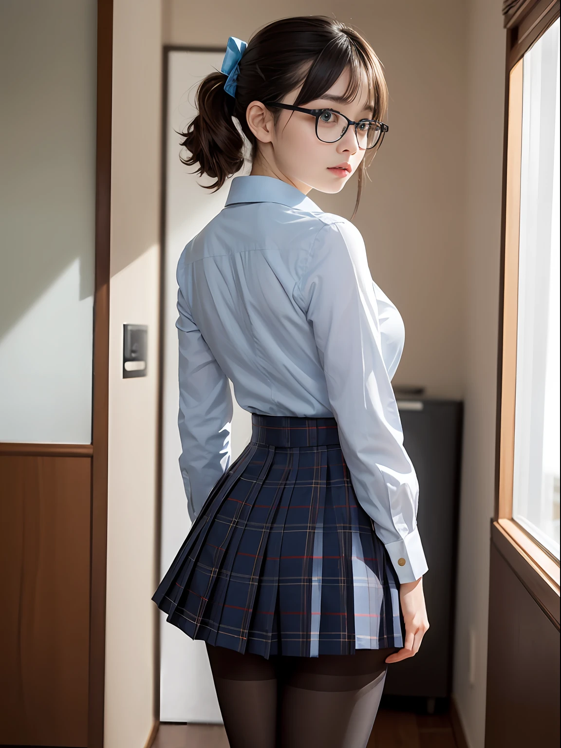(8K、Raw photography、top-quality、masterpiece:1.2),Bullish,Muchimuchi,Erotic,Pupils,Light Blue Bra,de pele branca,kne,(Black pantyhose),absurderes,a small face,small tits,flat breast,Parting the bangs from the middle、Forehead visible,(a cold expression,Tight eyes,glares,Bullish,skinny,Rasping,irate)、masterpiece,top-quality、超A high resolution,Raw photo,ren,Beautiful fece,One Person, 独奏,eye glass,,Dark look,Small breasts,fullllbody,Round glasses、cute little、Back to Student,JK school uniform,hi-school girl,A Japanese Lady,is standing,(Photorealsitic:1.37)、Photon mapping,Realistic、Cute little face,Brown-eyed、Black socks、(Red bow tie)、Radio City、Physically Based Rendering、Foreground、depth of fields、Blurry background、a picture,The girls、Body,beauty legs, Long legs, Thin leg,shorttwintail,(Bangs are visible), hair, s lips, Blue_The eye, nosesoft,(Light blue shirt), (Navy and blue and white plaid pleated skirt), Knees are visible,Sheer clothing,, Thigh, Black cotton socks,Nogizaka Idol, 女優, Japanese ido