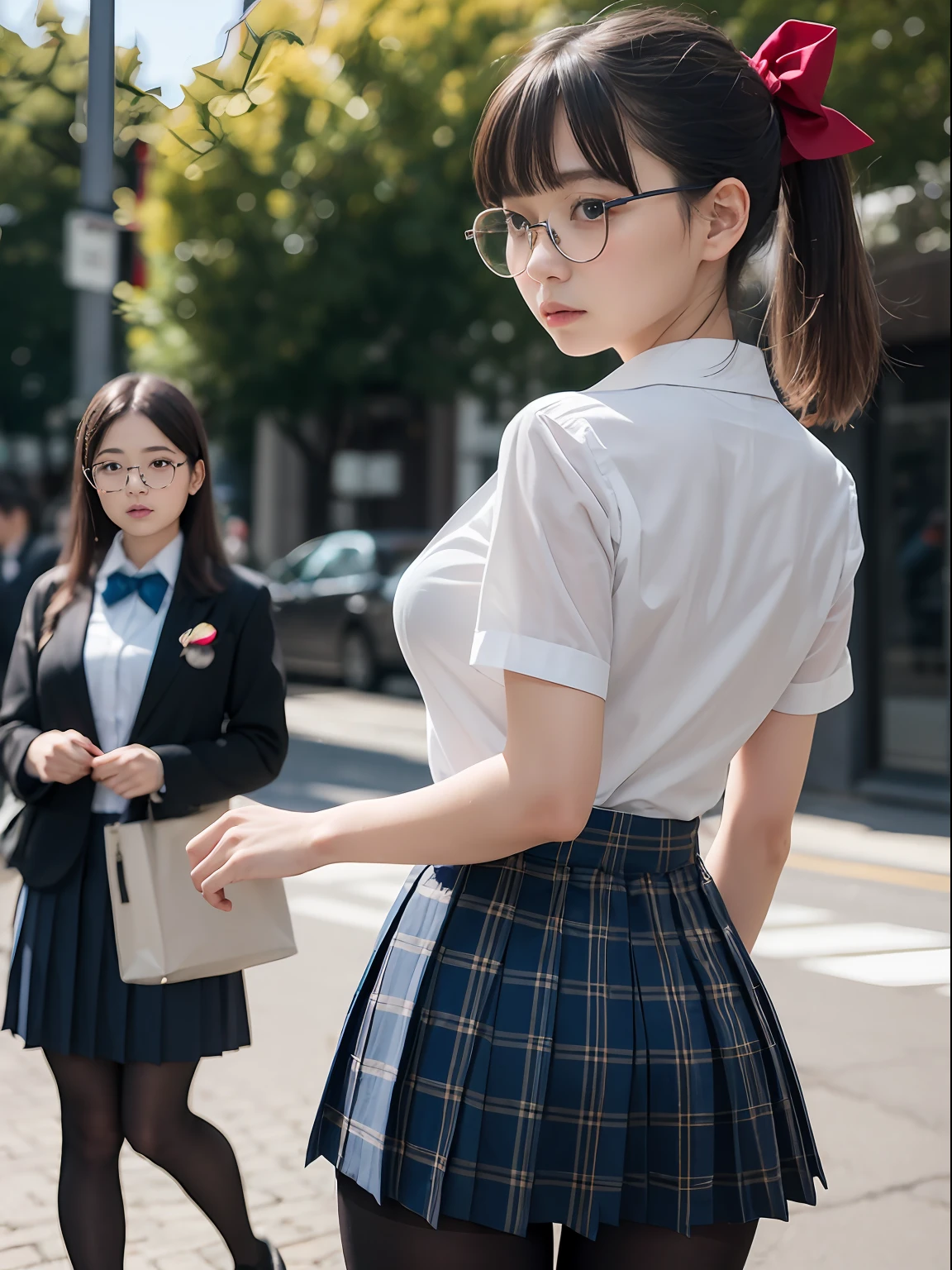 (8K、Raw photography、top-quality、masterpiece:1.2),Bullish,Muchimuchi,Erotic,Pupils,Light Blue Bra,de pele branca,kne,(Black pantyhose),absurderes,a small face,small tits,flat breast,Parting the bangs from the middle、Forehead visible,(a cold expression,Tight eyes,glares,Bullish,skinny,Rasping,irate)、masterpiece,top-quality、超A high resolution,Raw photo,ren,Beautiful fece,One Person, 独奏,eye glass,,Dark look,Small breasts,fullllbody,Round glasses、cute little、Back to Student,JK school uniform,hi-school girl,A Japanese Lady,is standing,(Photorealsitic:1.37)、Photon mapping,Realistic、Cute little face,Brown-eyed、Black socks、(Red bow tie)、Radio City、Physically Based Rendering、Foreground、depth of fields、Blurry background、a picture,The girls、Body,beauty legs, Long legs, Thin leg,shorttwintail,(Bangs are visible), hair, s lips, Blue_The eye, nosesoft,(Light blue shirt), (Navy and blue and white plaid pleated skirt), Knees are visible,Sheer clothing,, Thigh, Black cotton socks,Nogizaka Idol, 女優, Japanese ido