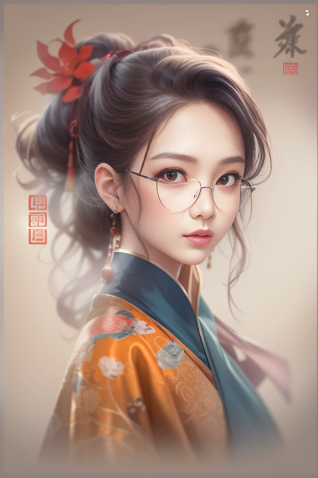 (China - chic Chinese intellectual girl,anatomy correct,Wear stylish glasses,Draped in a silk scarf:1.2,Oriental elements),(1 large frontal image,Small drawings on the side and back,Color card description:1.4),(China - Fashion illustration:1.5,Vector painting:1.5),(Chinese colors,senior color matching,gradient backgrounds,white backgrounid),(The is very detailed,reasonable design,Clear lines,High- sharpness,best qualtiy,tmasterpiece,offcial art,movie light effect,4K)