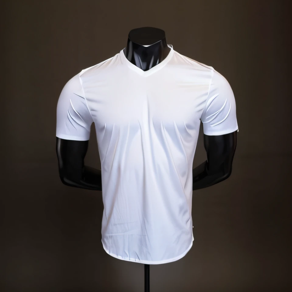 Headless black mannequin wearing a white shirt with a wealth of detail, camisa bem apertada, textura realista e sombras realistas. The texture of the elastic shirt gives a touch of authenticity to the mannequin.