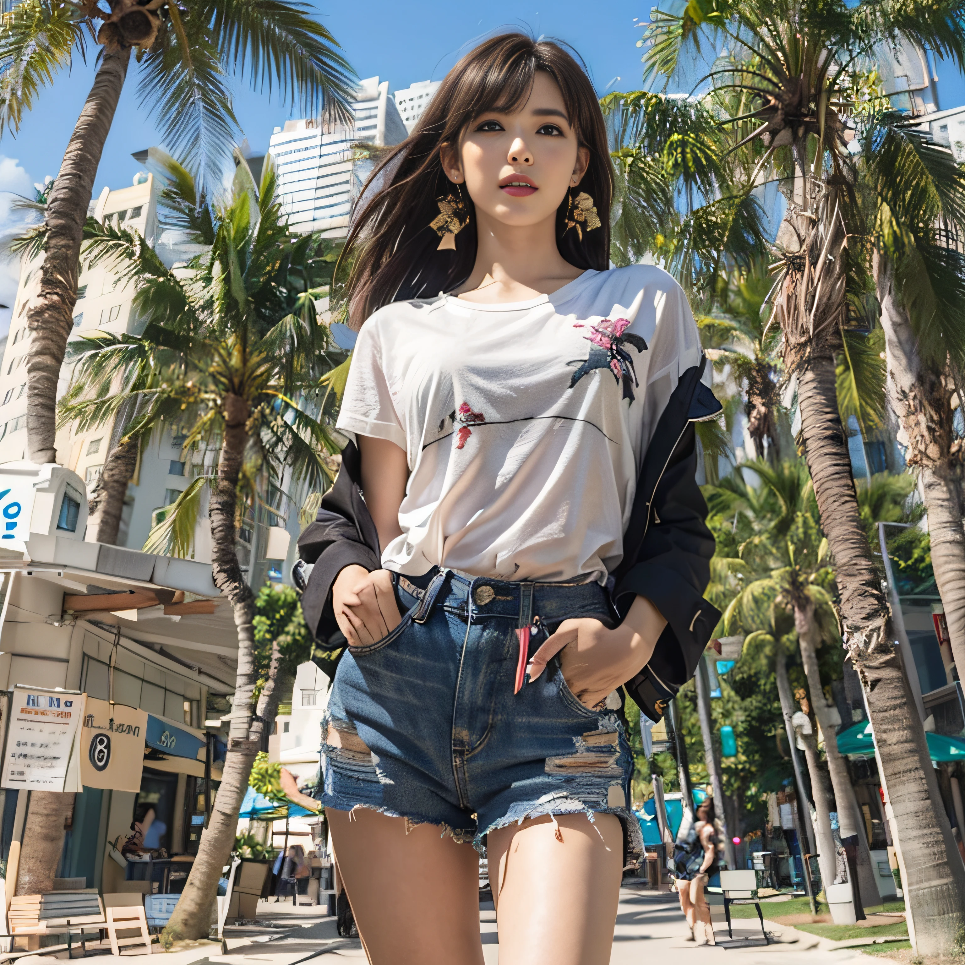 ((Realistic lighting、top-quality、8K、tmasterpiece:1.3))、Clear focus:1.2、A 1 girl、Perfect body beauty:1.4、Slim abs:1.1、full body Esbian、((dark brown  hair、Large full breasts:1.3))、(Acceleration:1.4)、View of Waikiki Beach、palm tree、Slender face、Fine eyes、二重まぶた、Fashion model pose、Floating hair、tee shirt、Pendants、