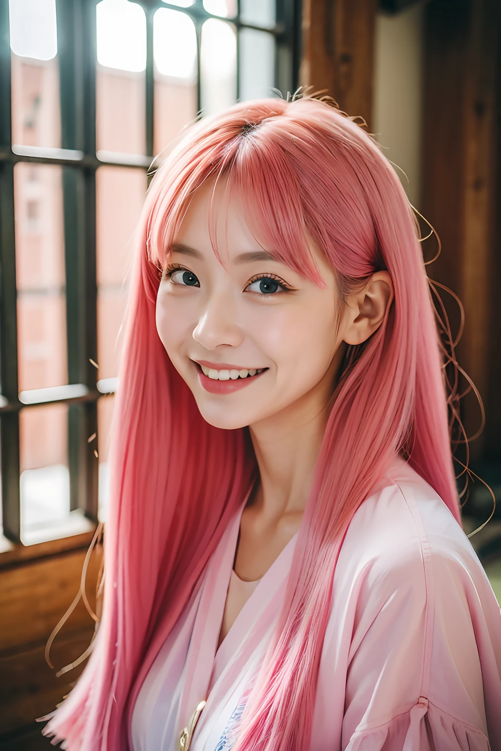 ancient buildings of China,In an old building, a woman posing for a picture, lalisa manobal,sakimichan, Portrait shooting, Anime girl in real life, Pastel portrait shot 8K, A detailed eye,Natural hair,Noble,Look sideways,ssmile,having fun,A pink-haired