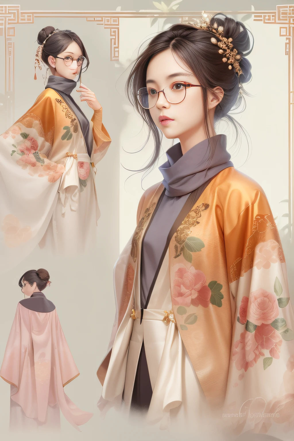 （China - chic Chinese intellectual girl，anatomy correct，Wear stylish glasses，Draped in a silk scarf：1.2，Oriental elements），（1 large frontal image，Small drawings on the side and back，Color card description：1.4），（China - Fashion illustration：1.5，Vector painting：1.5），（Chinese colors，senior color matching，gradient backgrounds，white backgrounid），（The is very detailed，reasonable design，Clear lines，High- sharpness，best qualtiy，tmasterpiece，offcial art，movie light effect，4K）